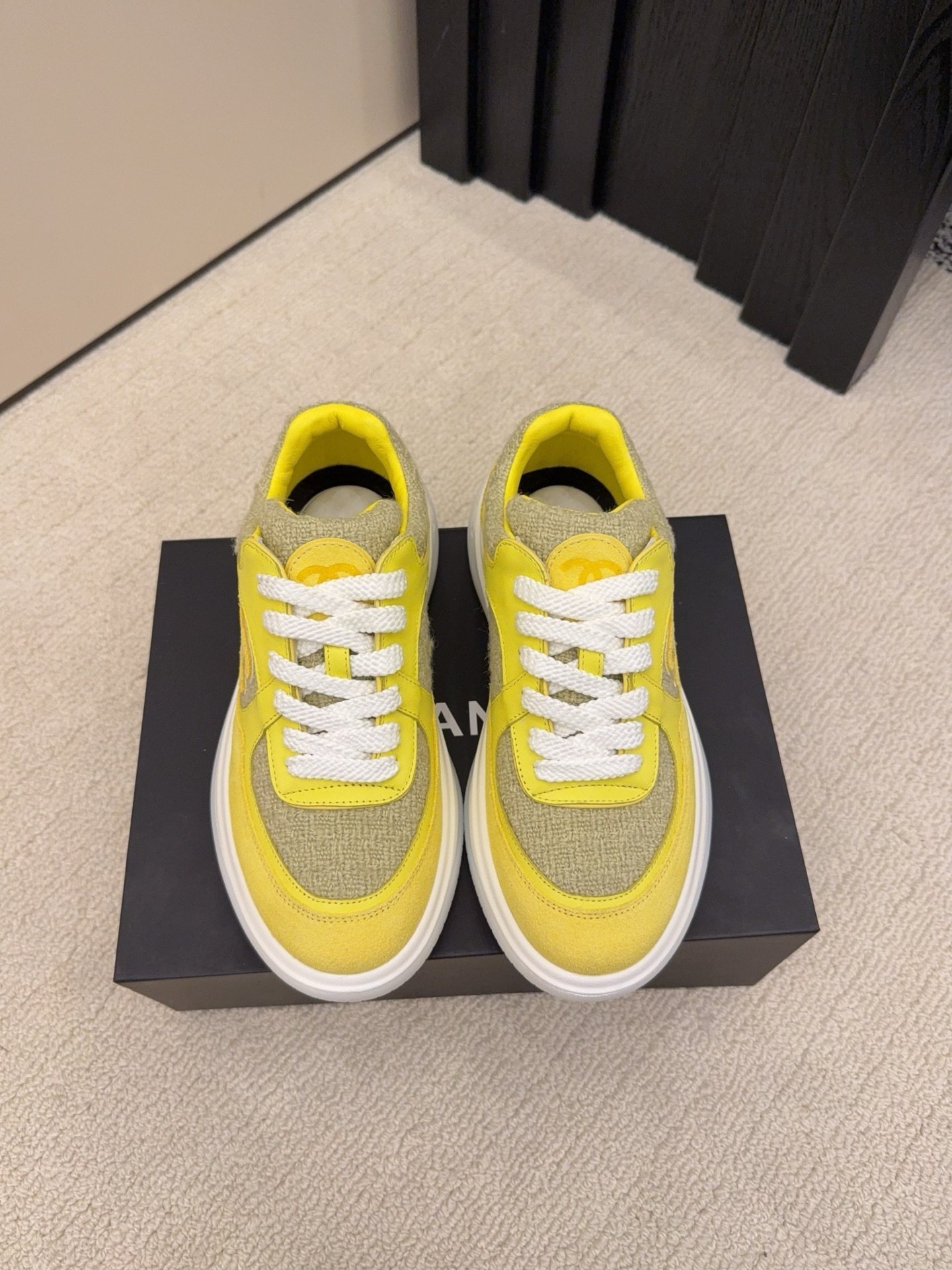 Premium Yellow & Khaki Tweed Luxury Sneakers for Women