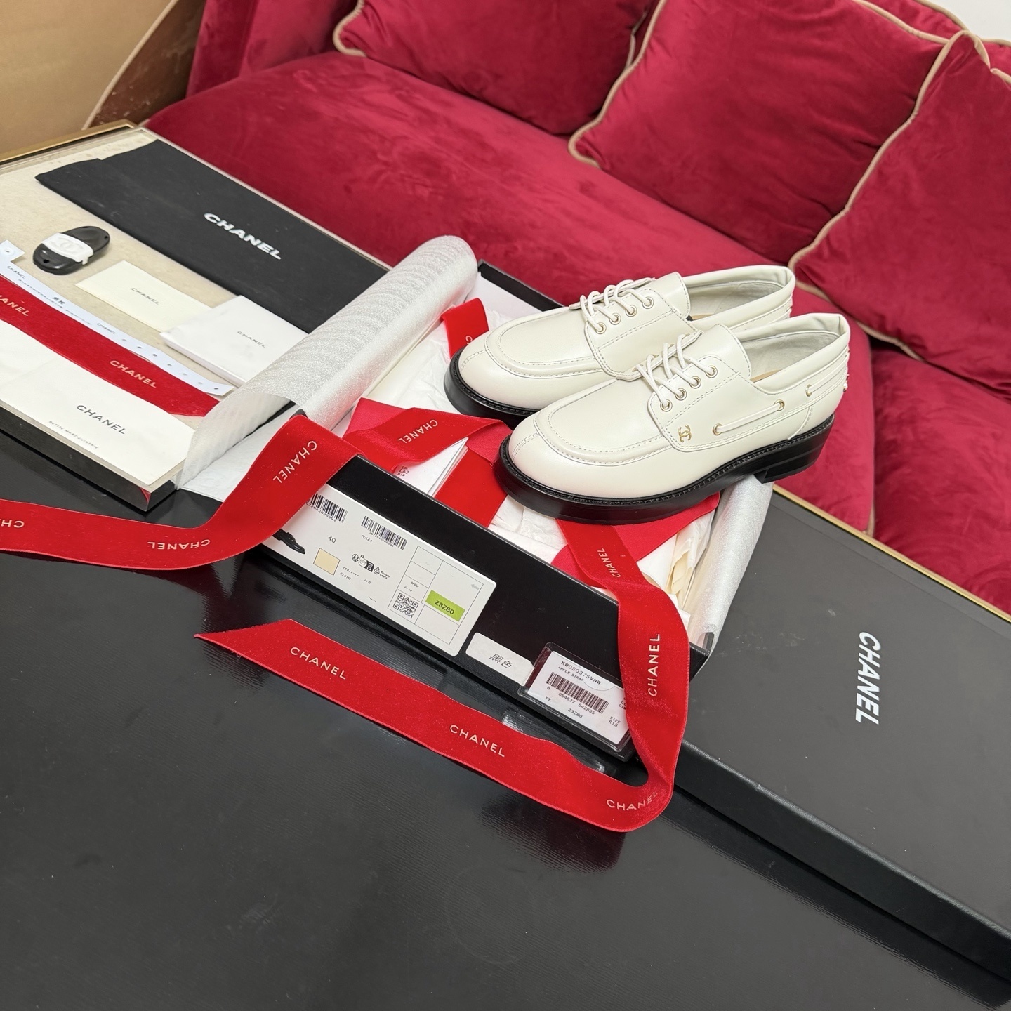 Chanel Women’s Cream Leather Lace-Up Loafers with CC Logo