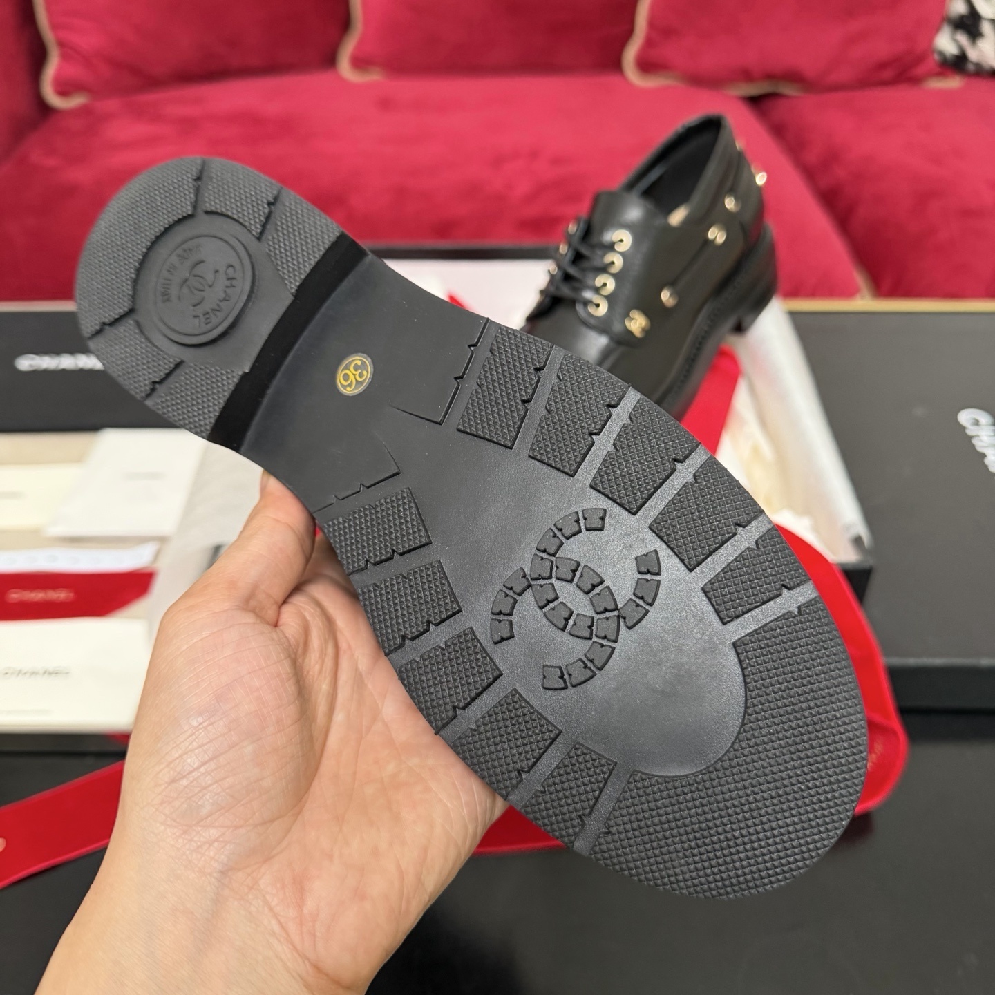 Pair of black Chanel leather lace-up loafers with gold-tone eyelets and CC logo in original box with red ribbon - Hình 9