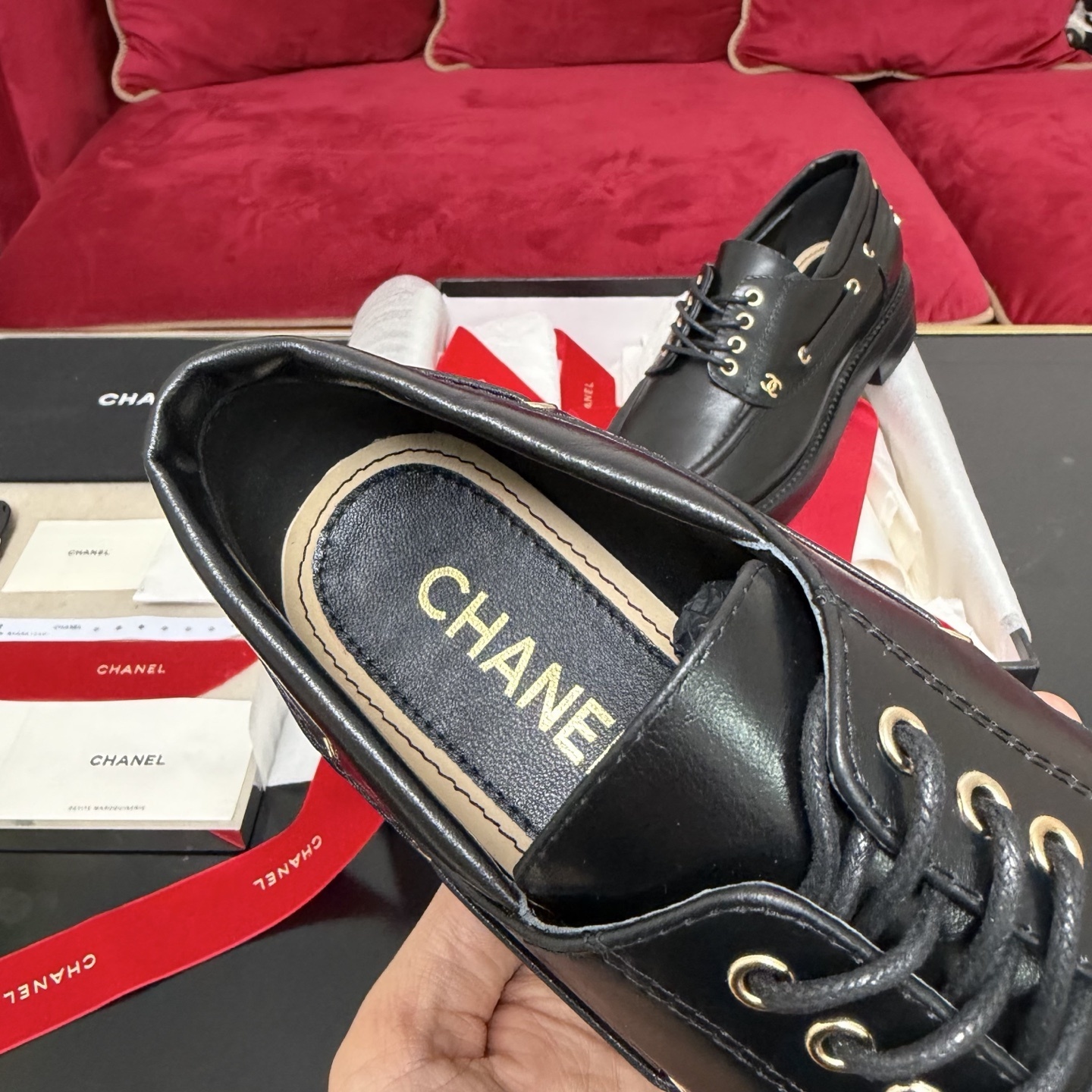 Pair of black Chanel leather lace-up loafers with gold-tone eyelets and CC logo in original box with red ribbon - Hình 8