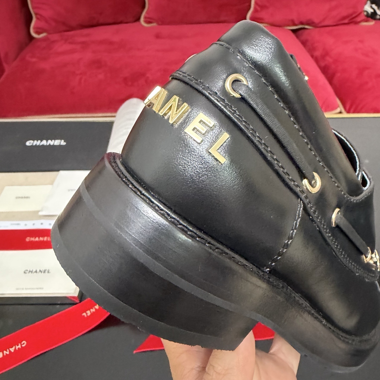 Pair of black Chanel leather lace-up loafers with gold-tone eyelets and CC logo in original box with red ribbon - Hình 7