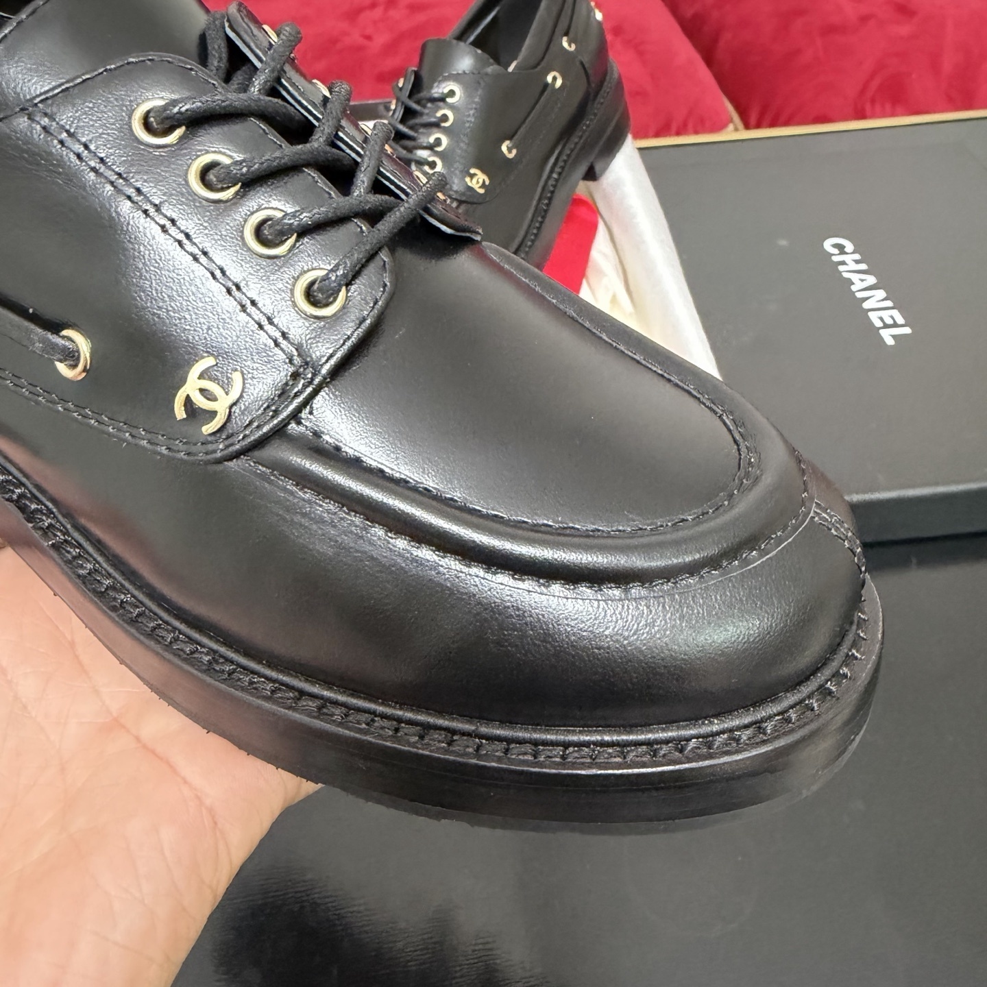 Pair of black Chanel leather lace-up loafers with gold-tone eyelets and CC logo in original box with red ribbon - Hình 6