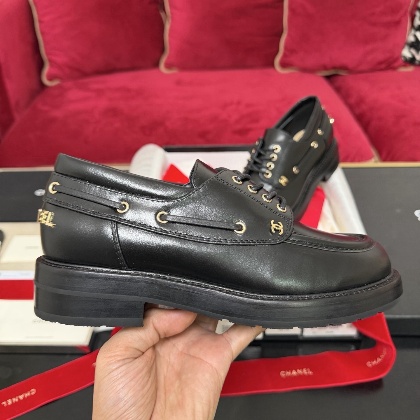 Pair of black Chanel leather lace-up loafers with gold-tone eyelets and CC logo in original box with red ribbon - Hình 5