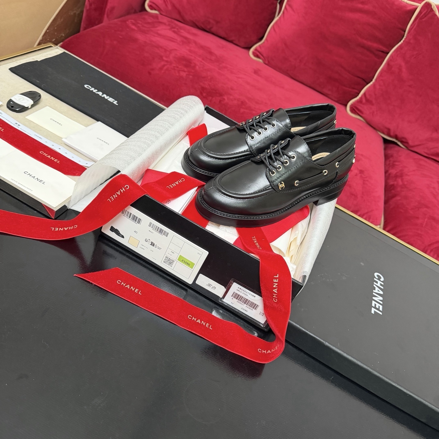 Chanel Black Leather Lace-up Derby Shoes with Gold CC Logo