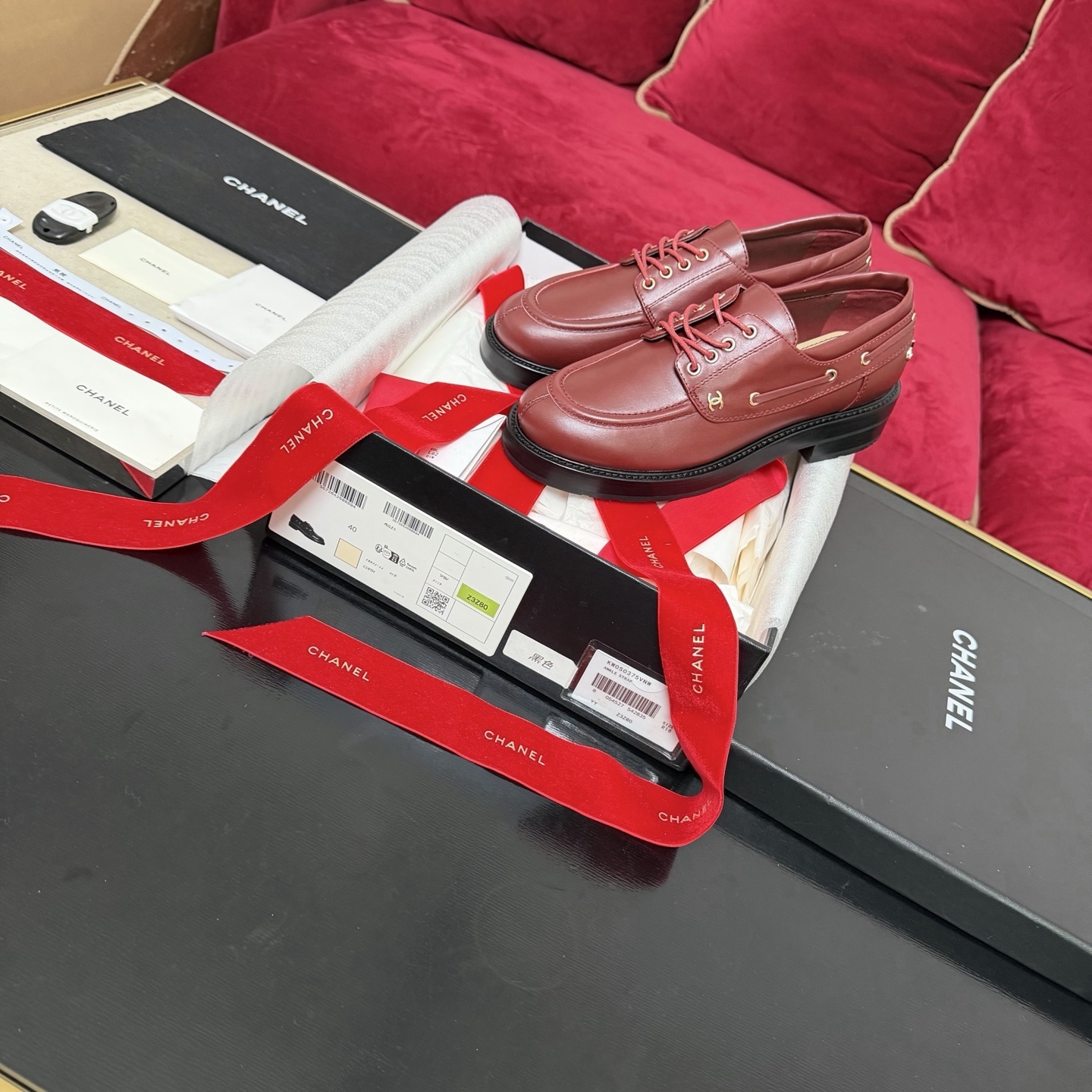 Chanel Burgundy Leather Lace-Up Loafers with Gold Hardware