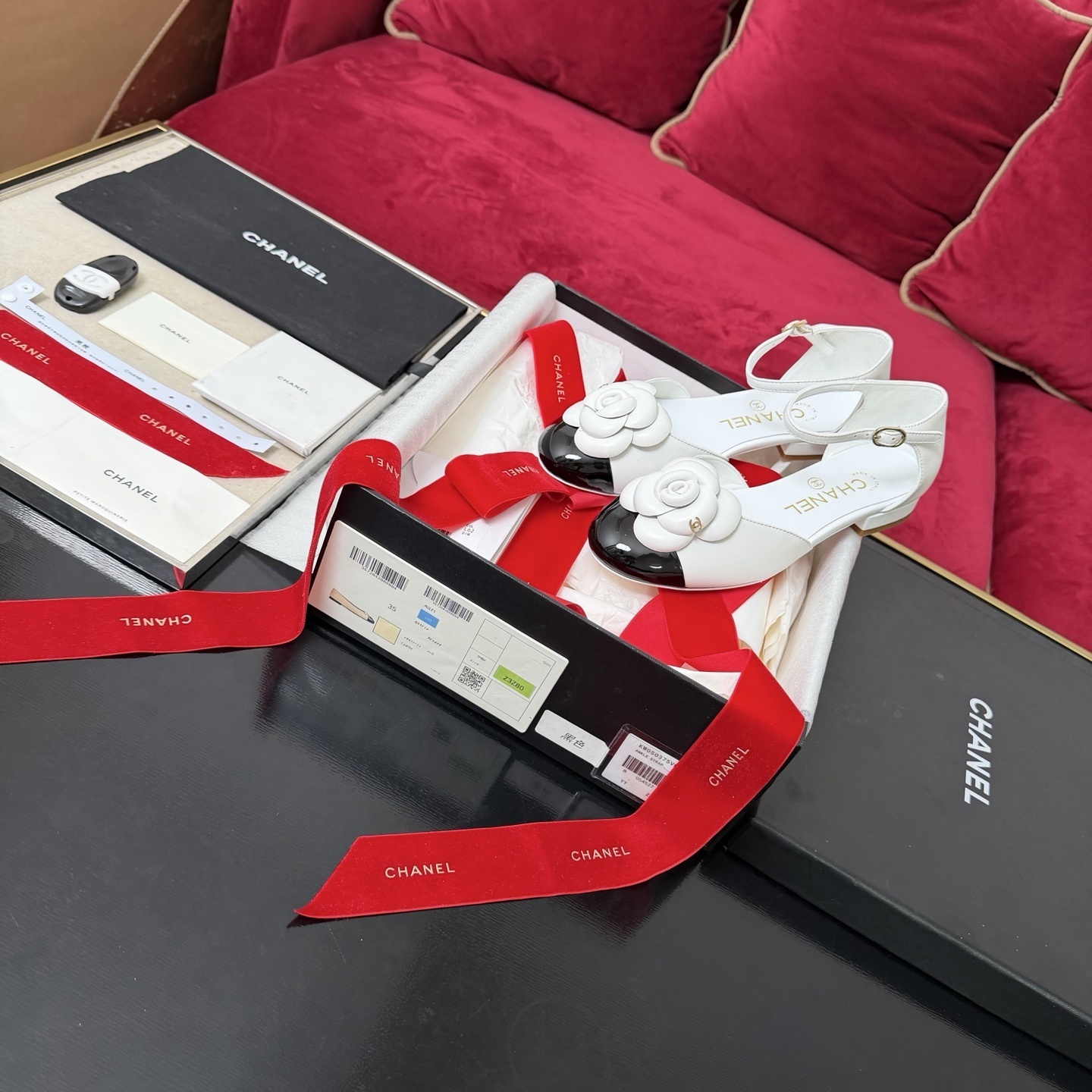 Chanel Camellia Ankle Strap Bicolor Flats – White & Black Leather