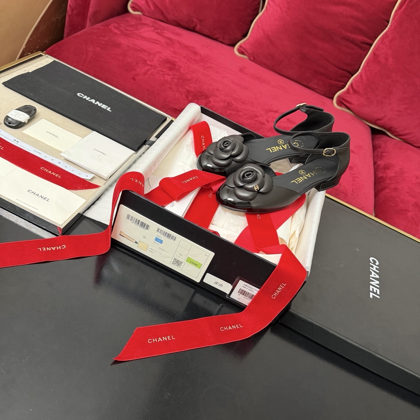 Chanel Black Leather Camellia Ankle Strap Flats with Patent Toe Cap