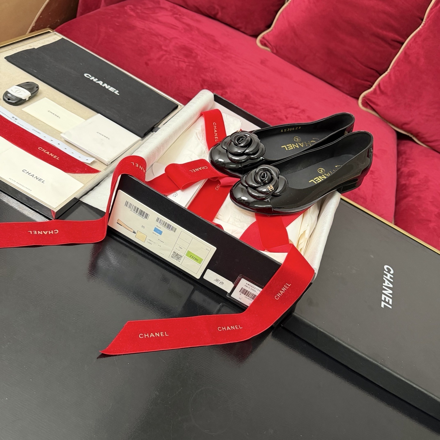 Chanel Black Patent Leather Camellia Ballet Flats with CC Logo