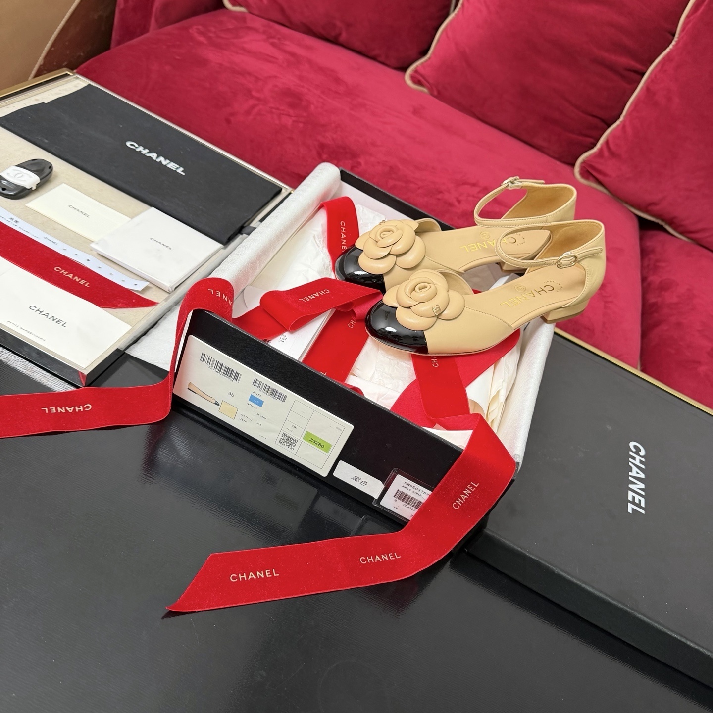 Chanel Camellia Beige & Black Leather Ankle Strap Sandals