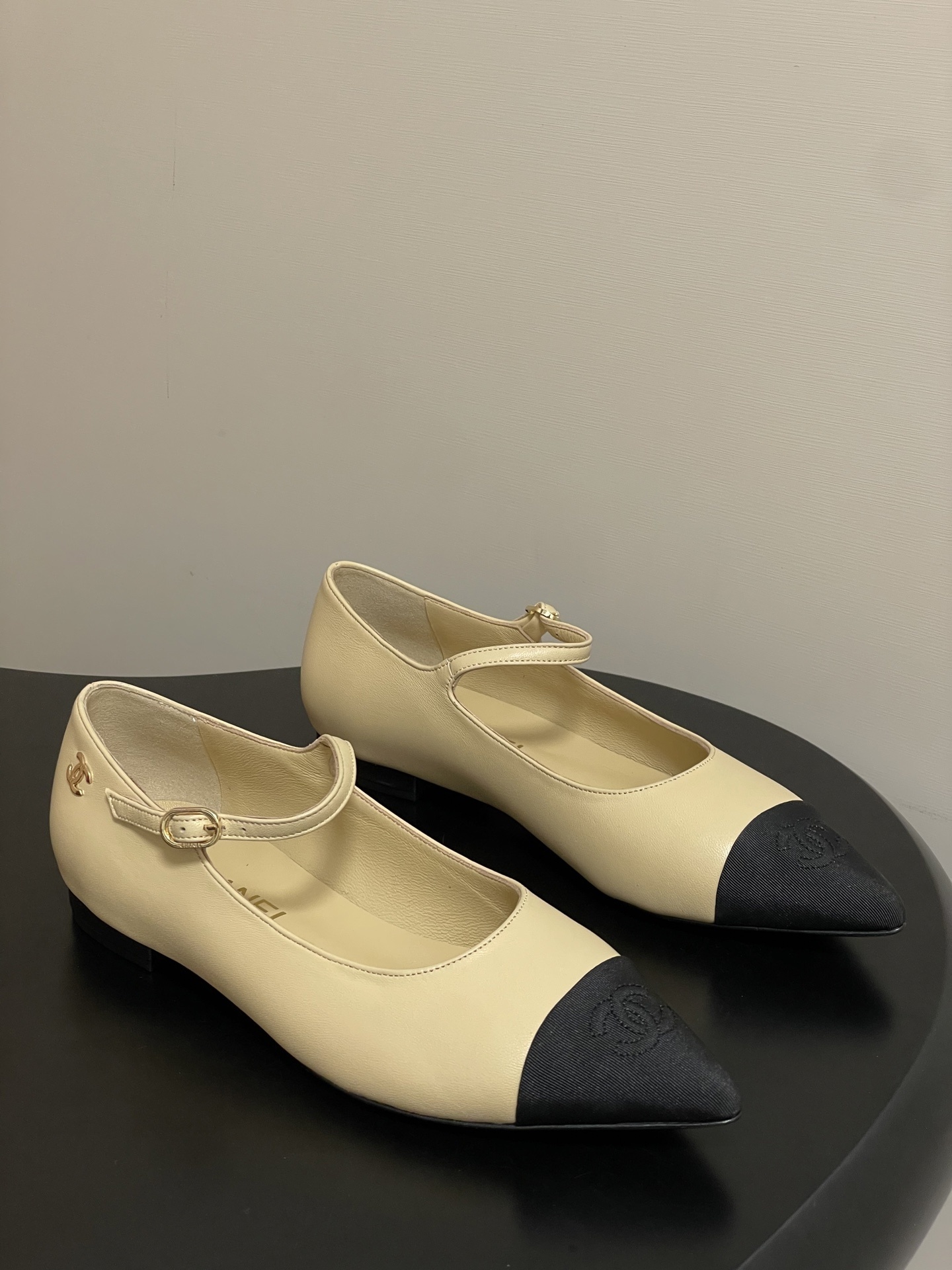 Chanel Luxury Mary Jane Flats – Beige Leather & Black Pointed Toe