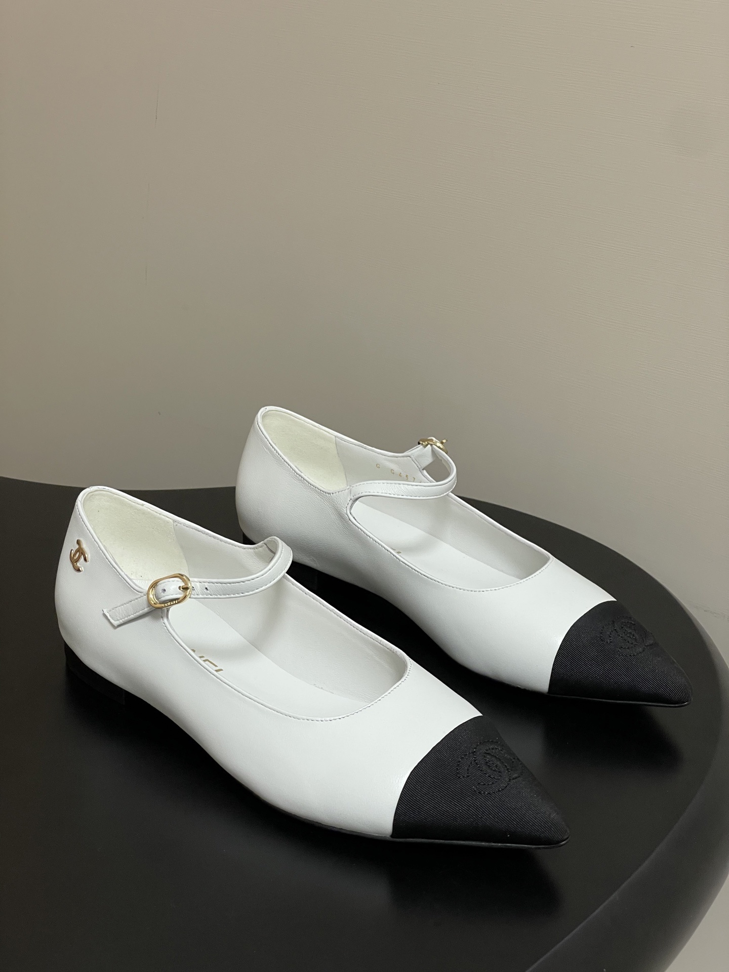 Chanel White Leather Mary Jane Flats with Black Pointed Toe