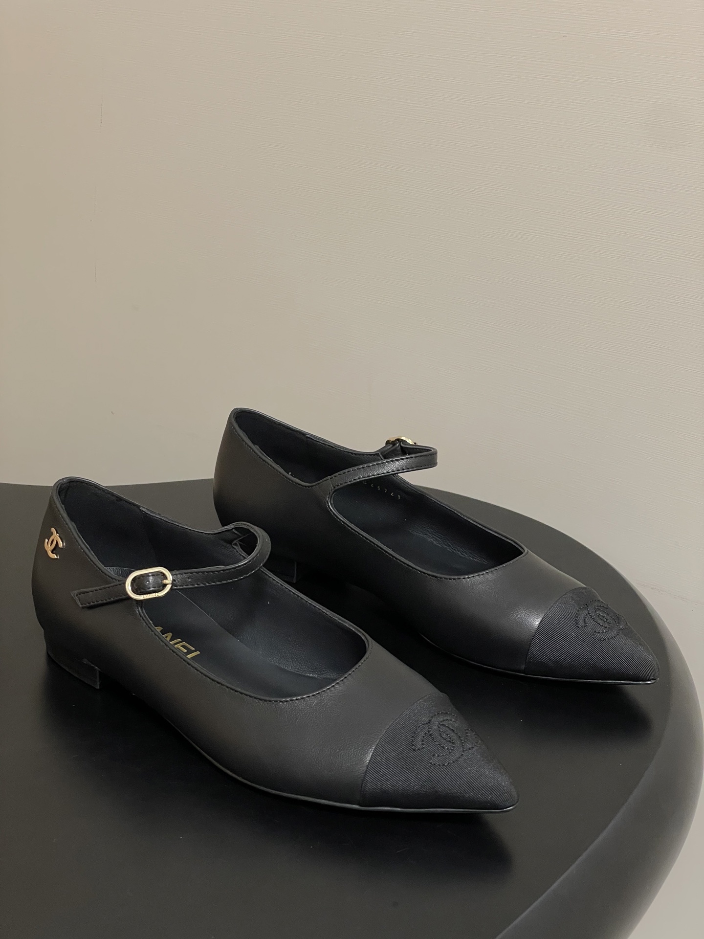 Chanel Black Leather Pointed-Toe Mary Jane Flats with CC Logo