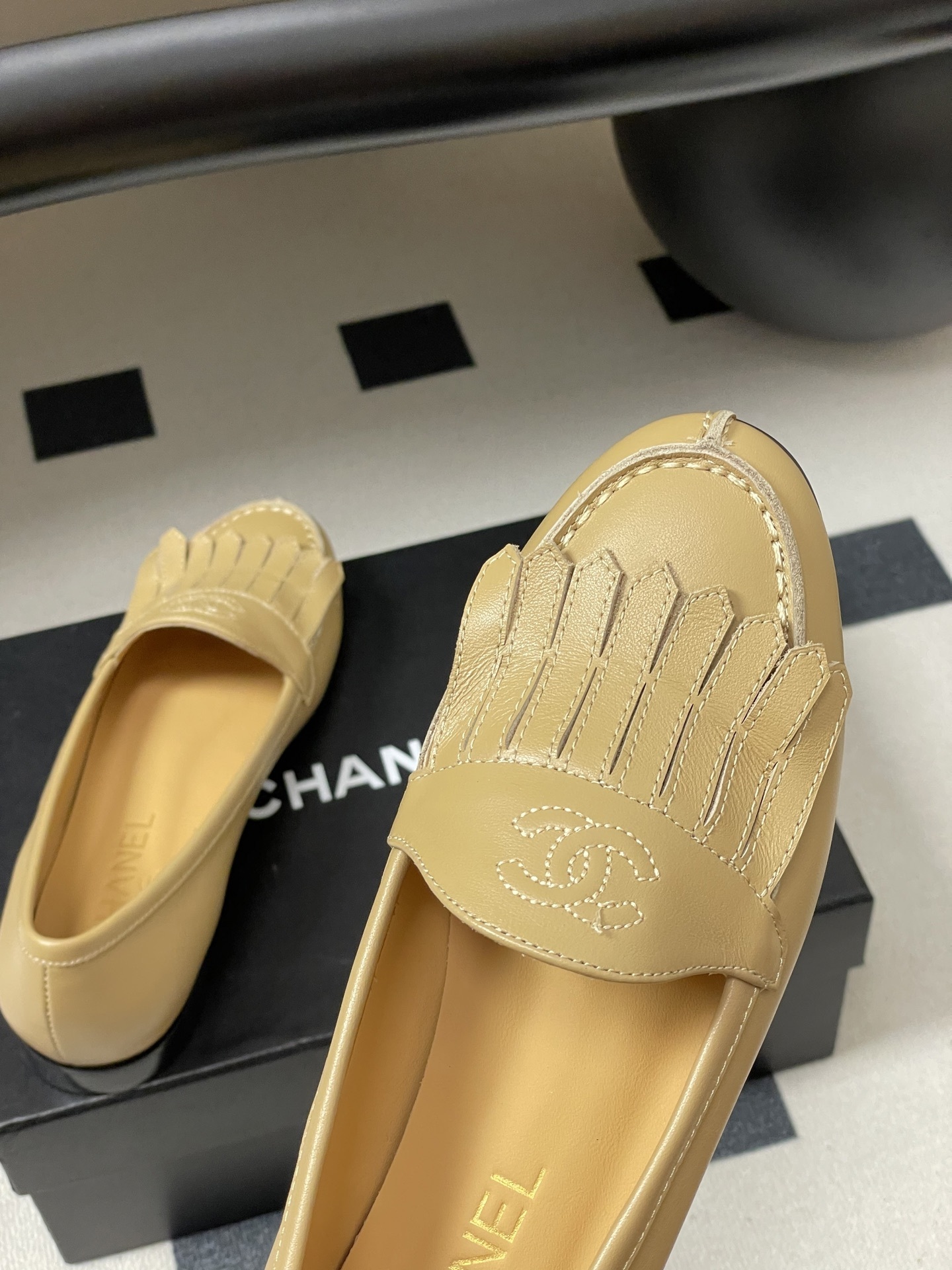 Chanel Beige Leather Fringe Loafers with CC Logo - Made in Italy
