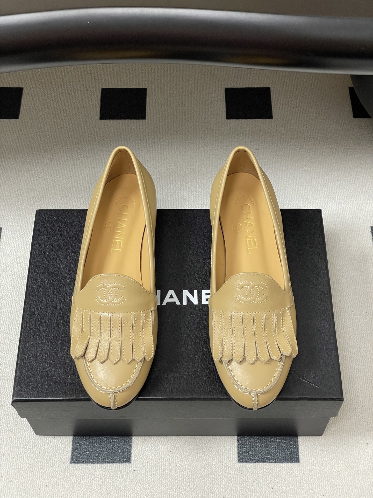 Chanel Beige Leather Fringe Loafers with CC Logo - Made in Italy