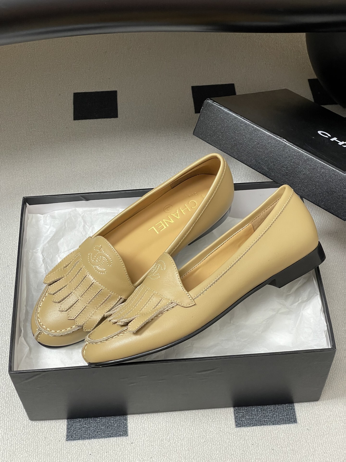 Chanel Beige Leather Fringe Loafers with CC Logo - Made in Italy