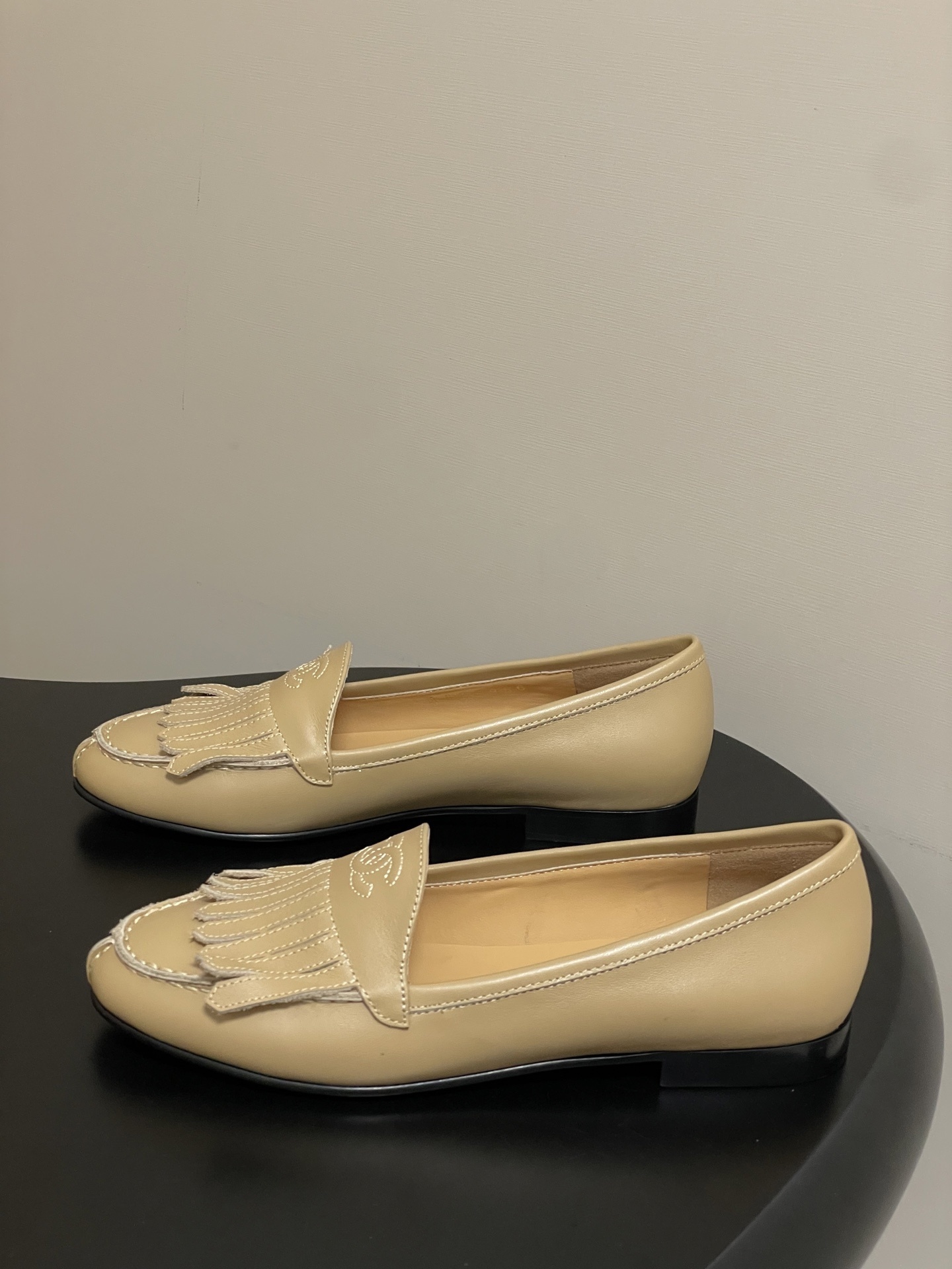 Chanel Beige Leather Fringe Loafers with CC Logo - Made in Italy