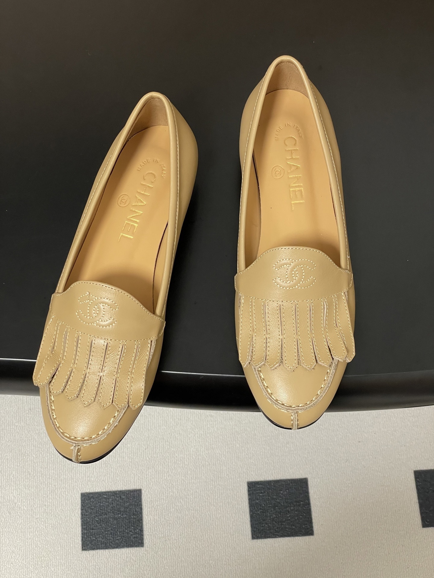 Chanel Beige Leather Fringe Loafers with CC Logo - Made in Italy