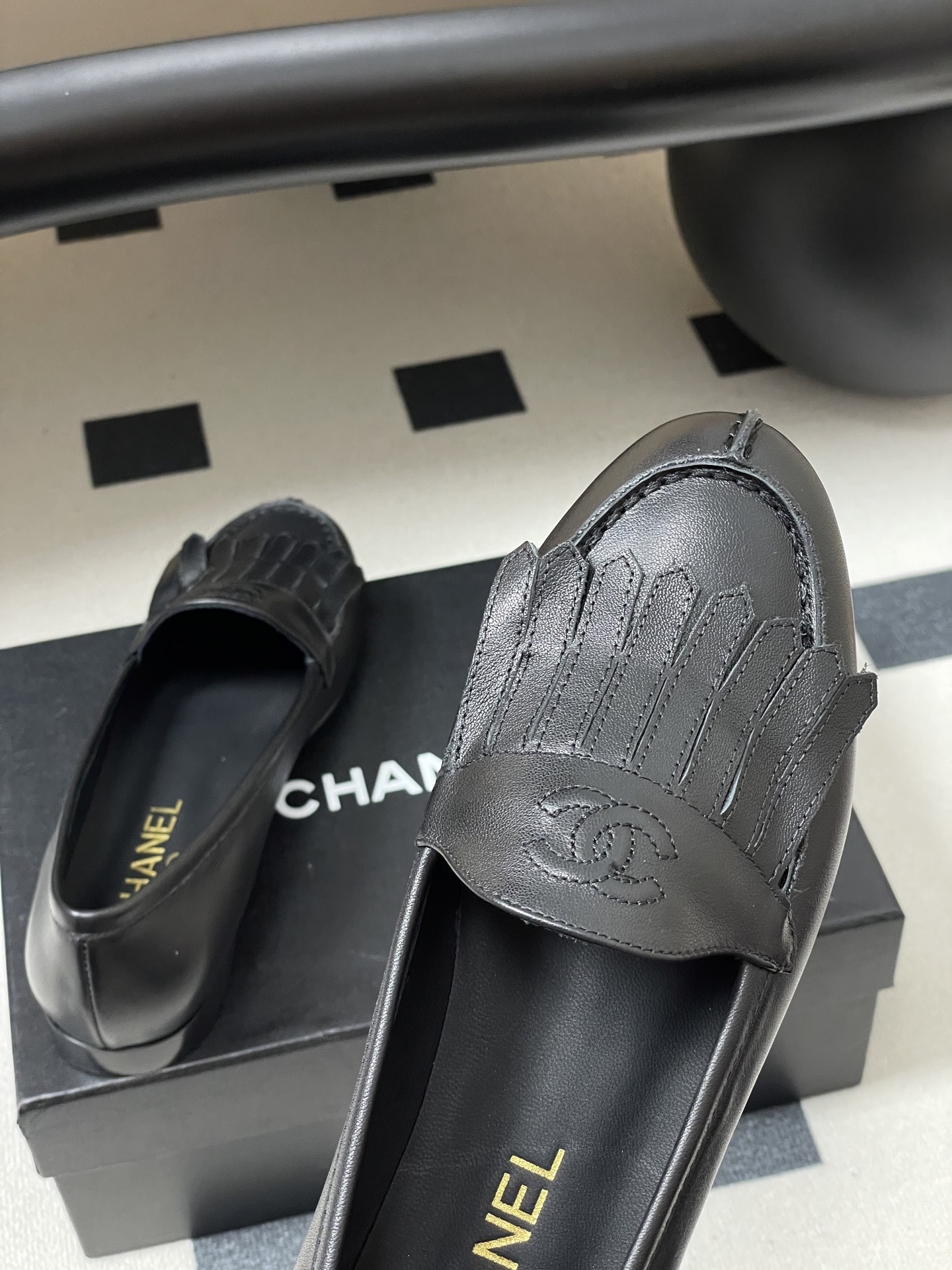 Chanel Black Leather Fringe Loafers - Luxury CC Logo Flat Shoes