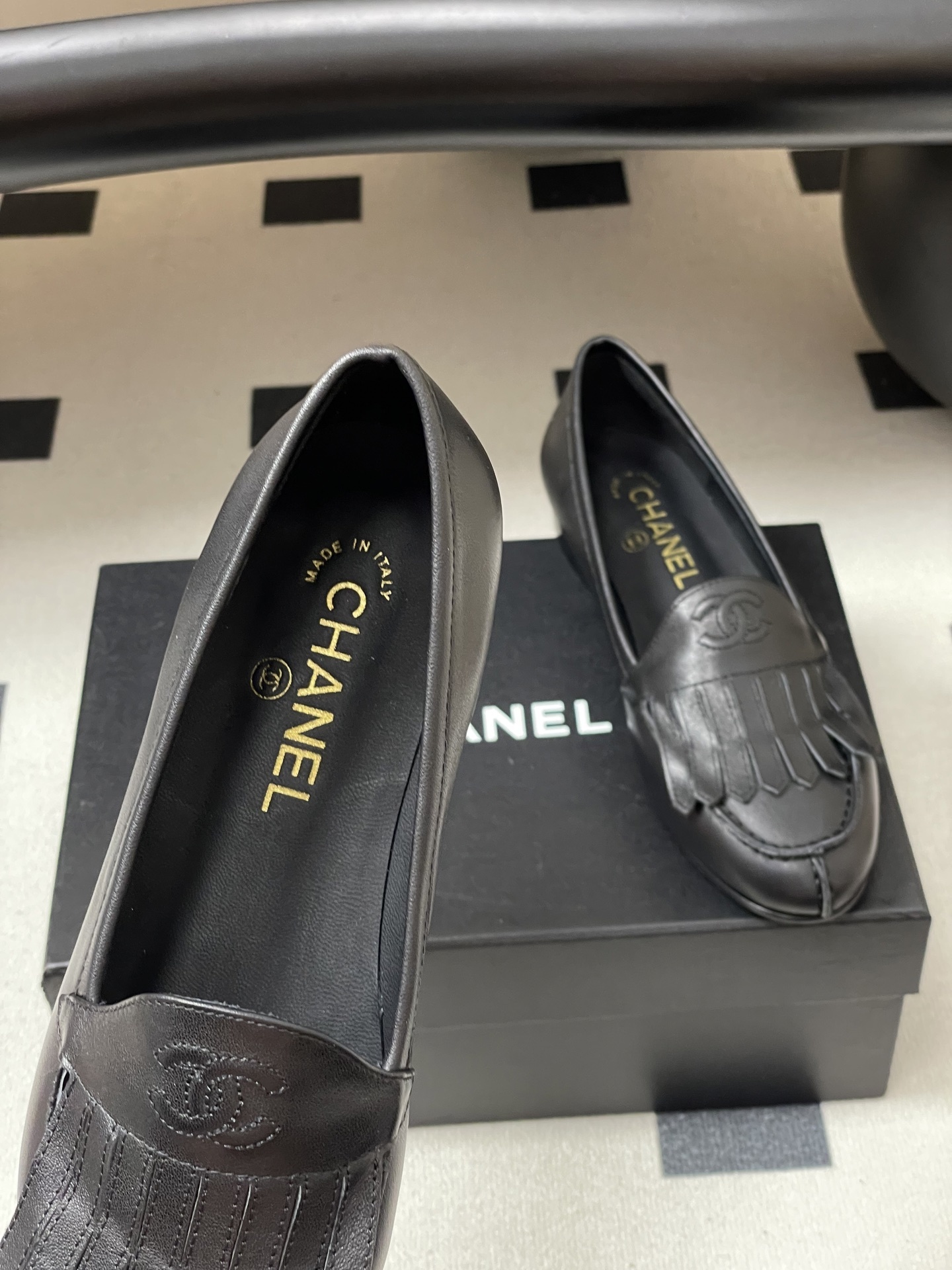 Chanel Black Leather Fringe Loafers - Luxury CC Logo Flat Shoes