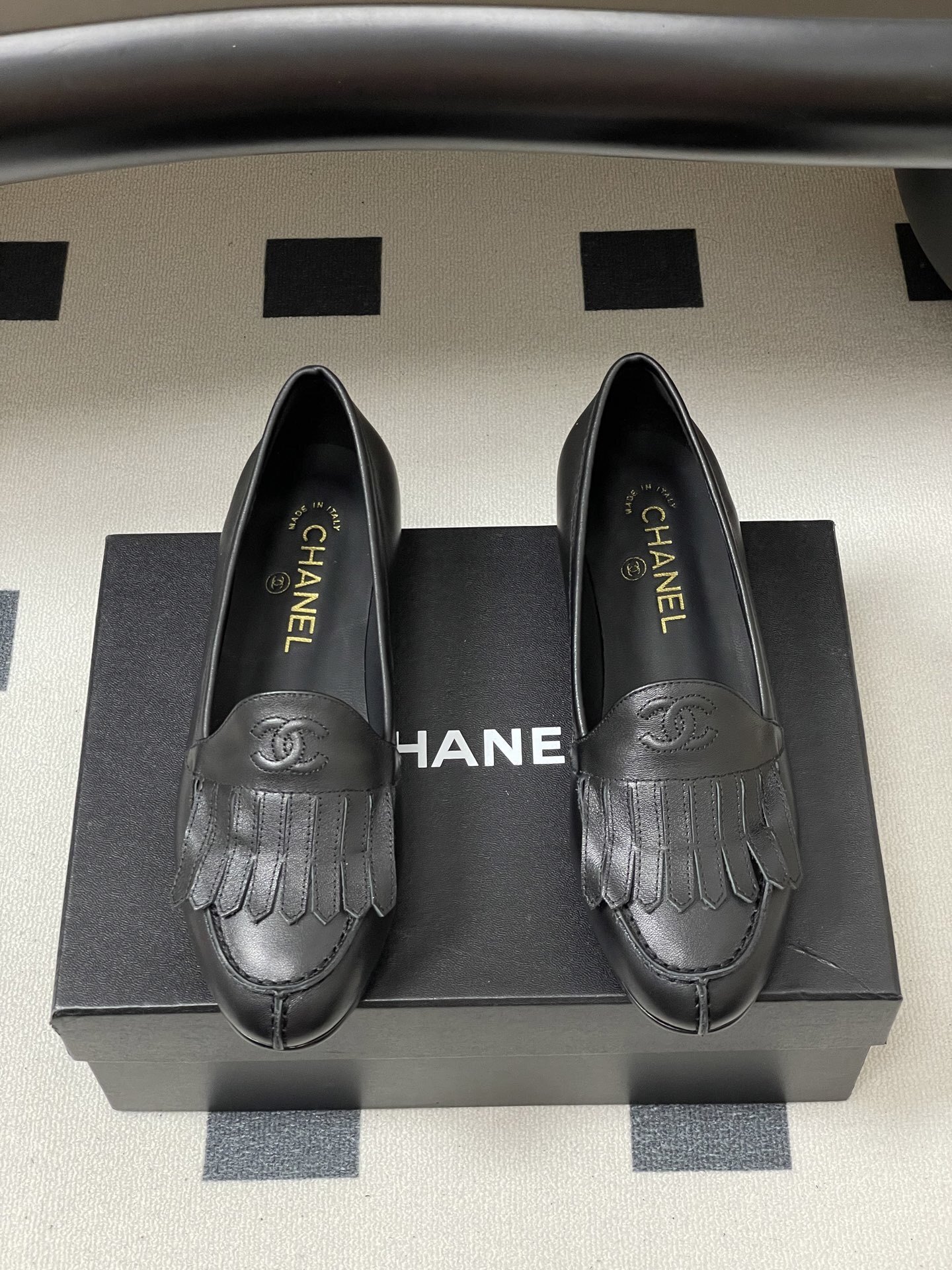 Chanel Black Leather Fringe Loafers - Luxury CC Logo Flat Shoes