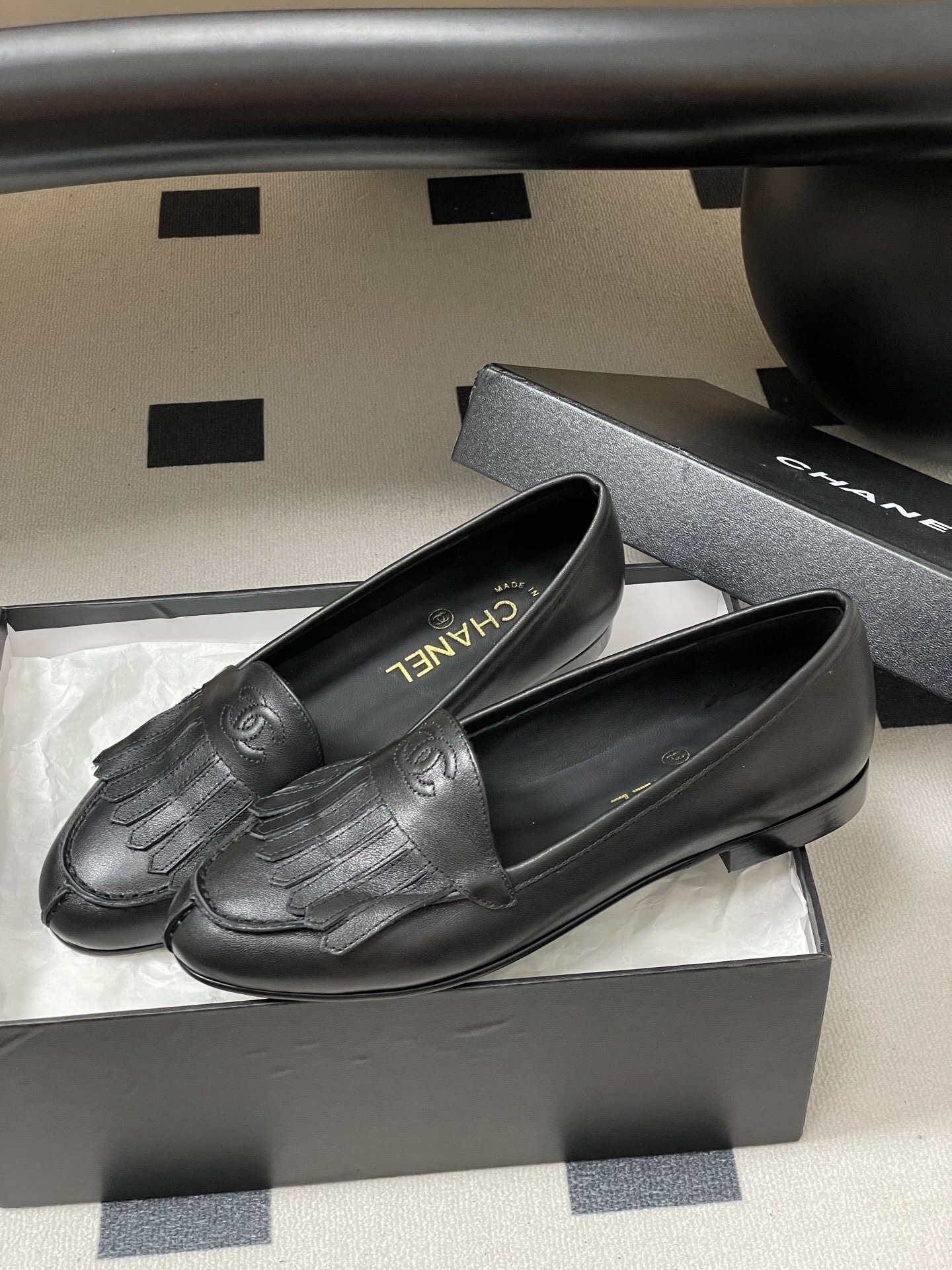 Chanel Black Leather Fringe Loafers - Luxury CC Logo Flat Shoes