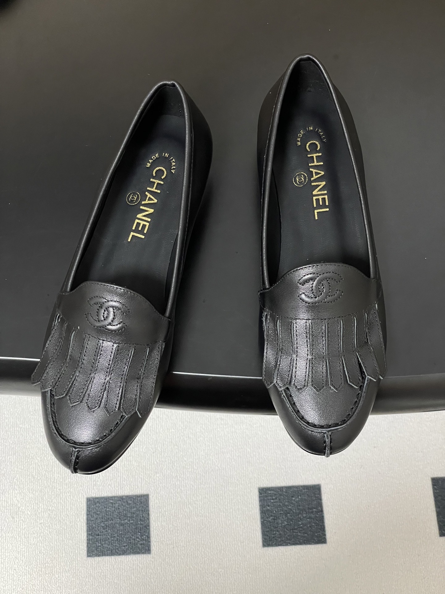 Chanel Black Leather Fringe Loafers - Luxury CC Logo Flat Shoes