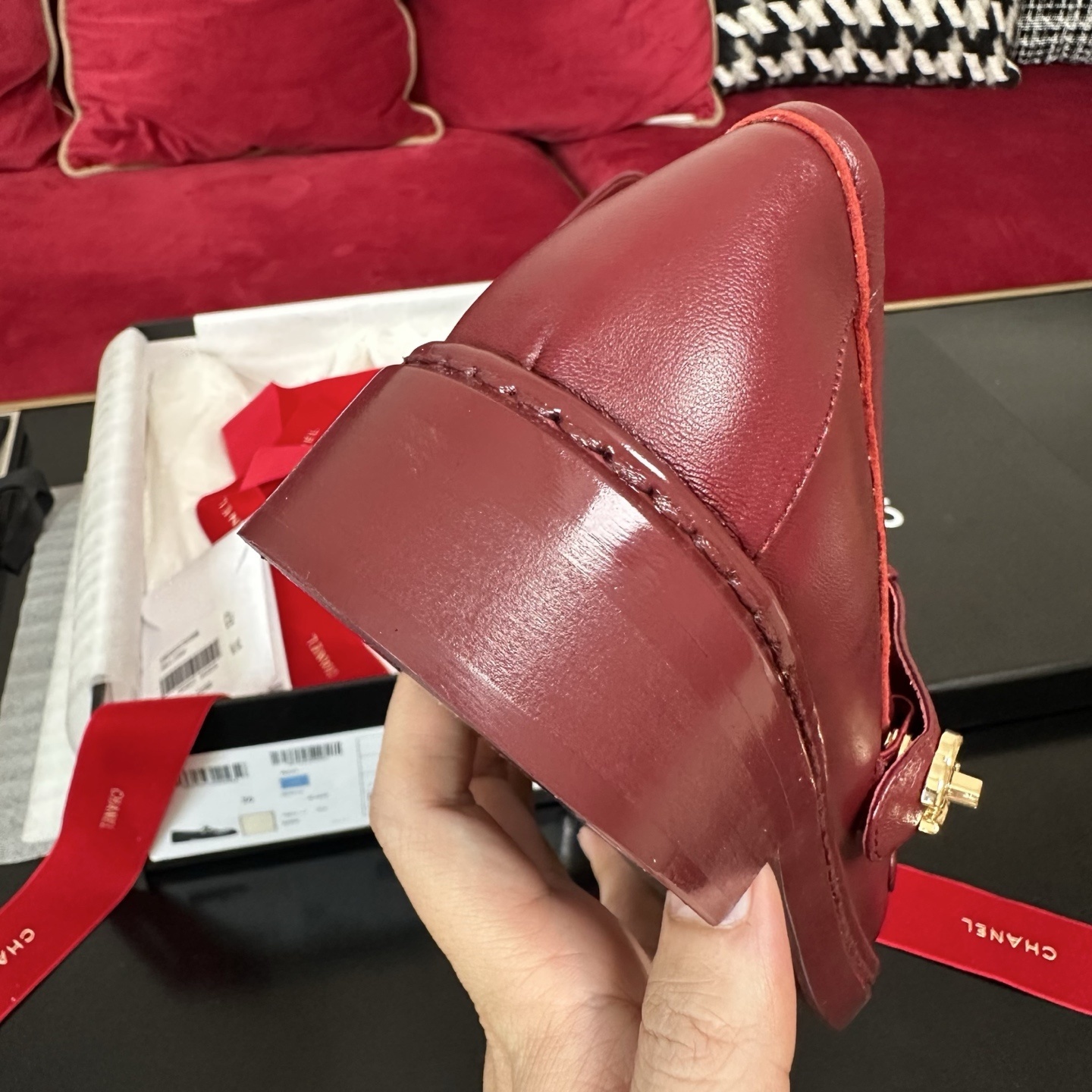 Chanel Burgundy Red Leather Mary Jane Loafers with Gold CC Logo