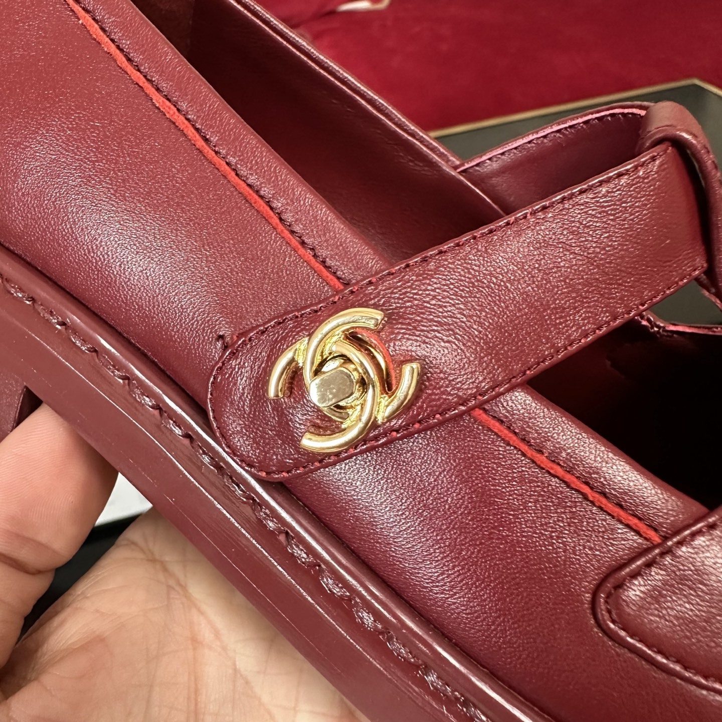 Chanel Burgundy Red Leather Mary Jane Loafers with Gold CC Logo