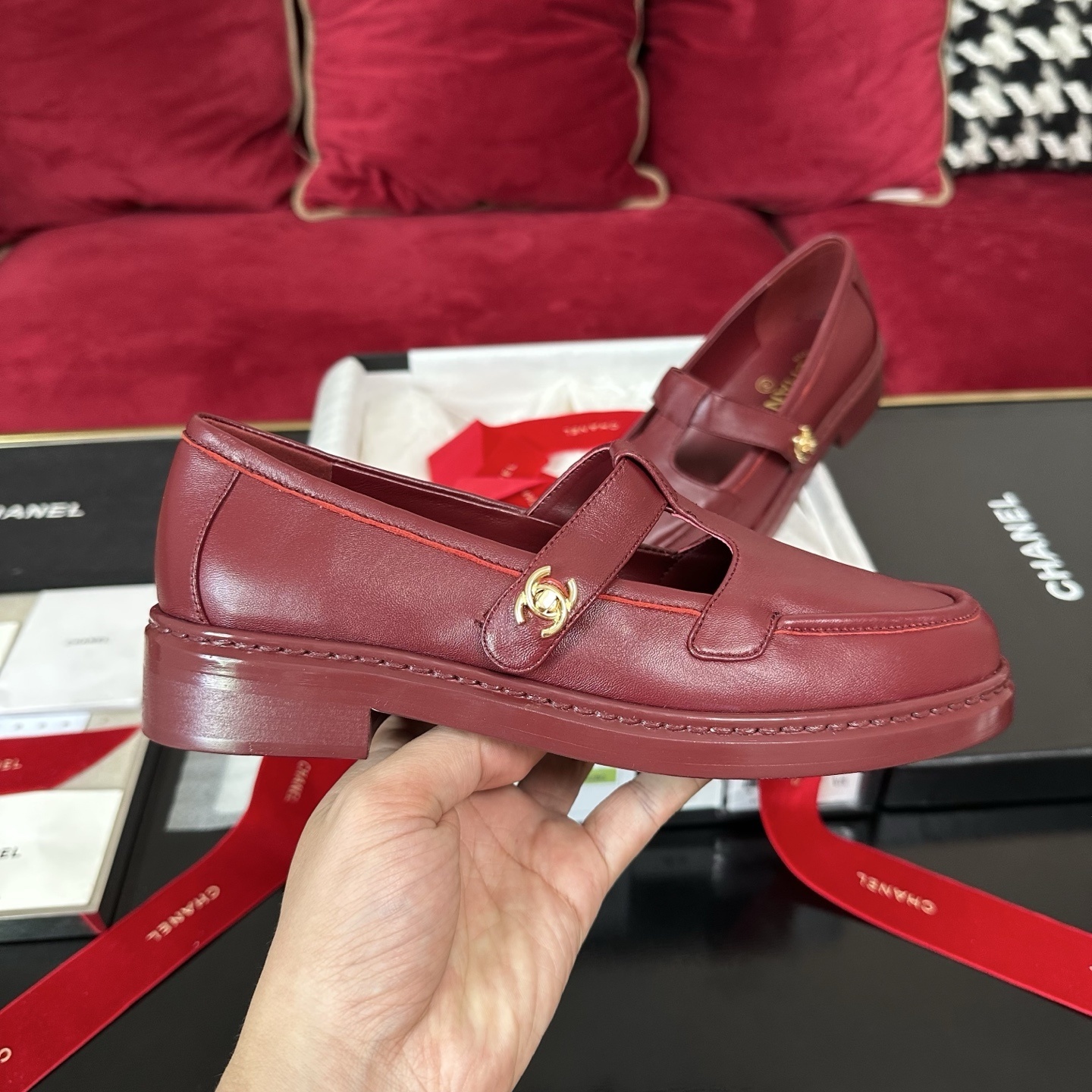 Chanel Burgundy Red Leather Mary Jane Loafers with Gold CC Logo