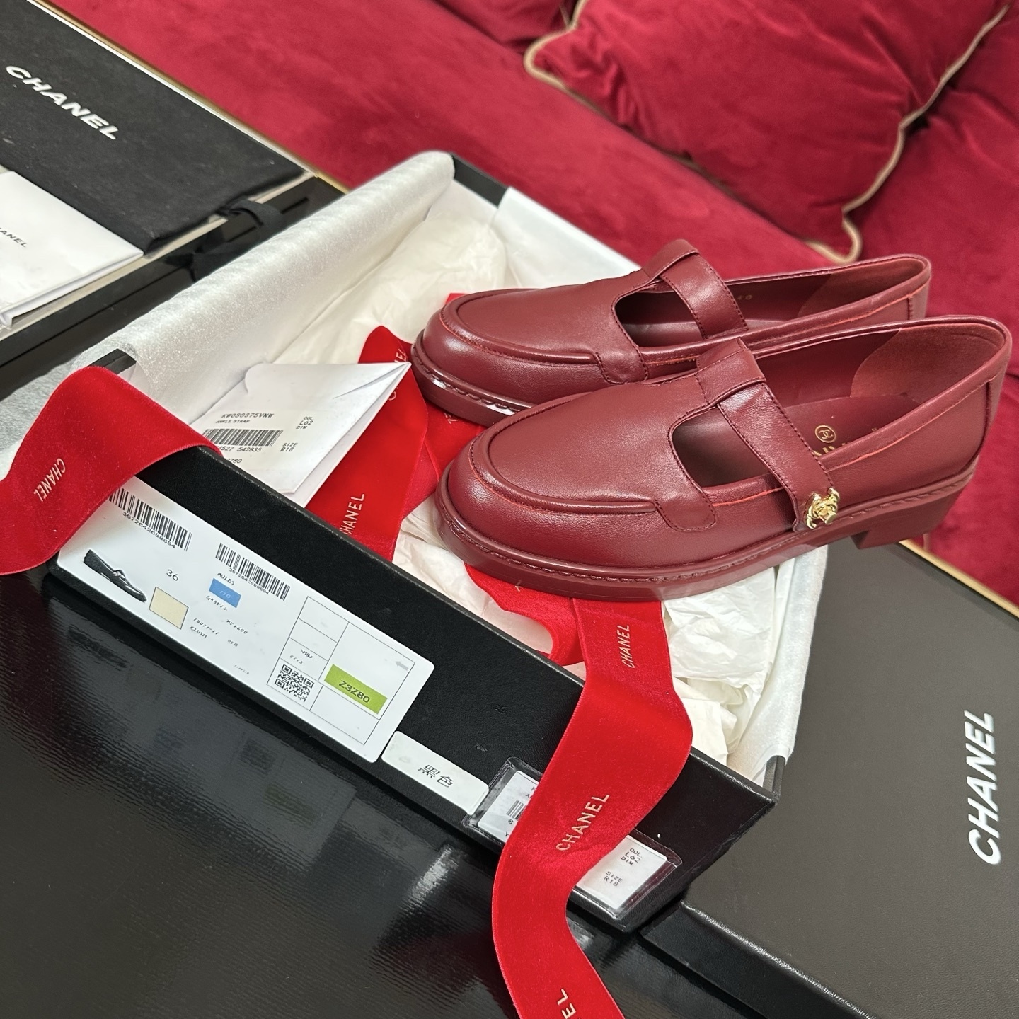 Chanel Burgundy Red Leather Mary Jane Loafers with Gold CC Logo