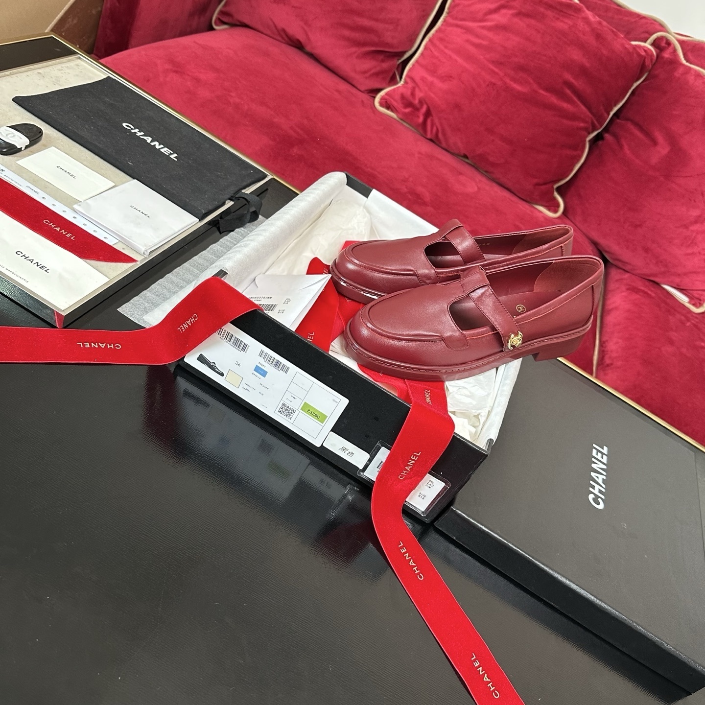 Chanel Burgundy Red Leather Mary Jane Loafers with Gold CC Logo