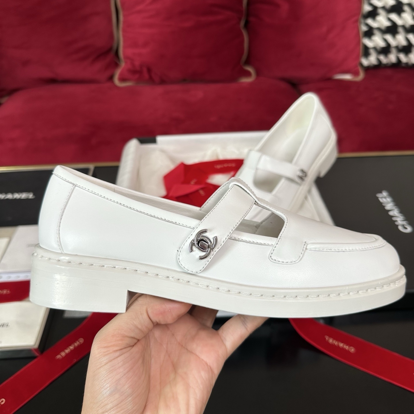 Chanel White Leather Mary Jane Loafers with CC Logo Detail