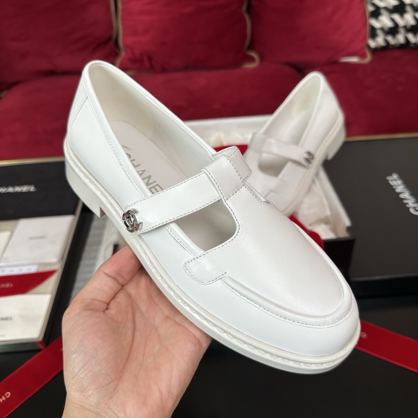 Chanel White Leather Mary Jane Loafers with CC Logo Detail