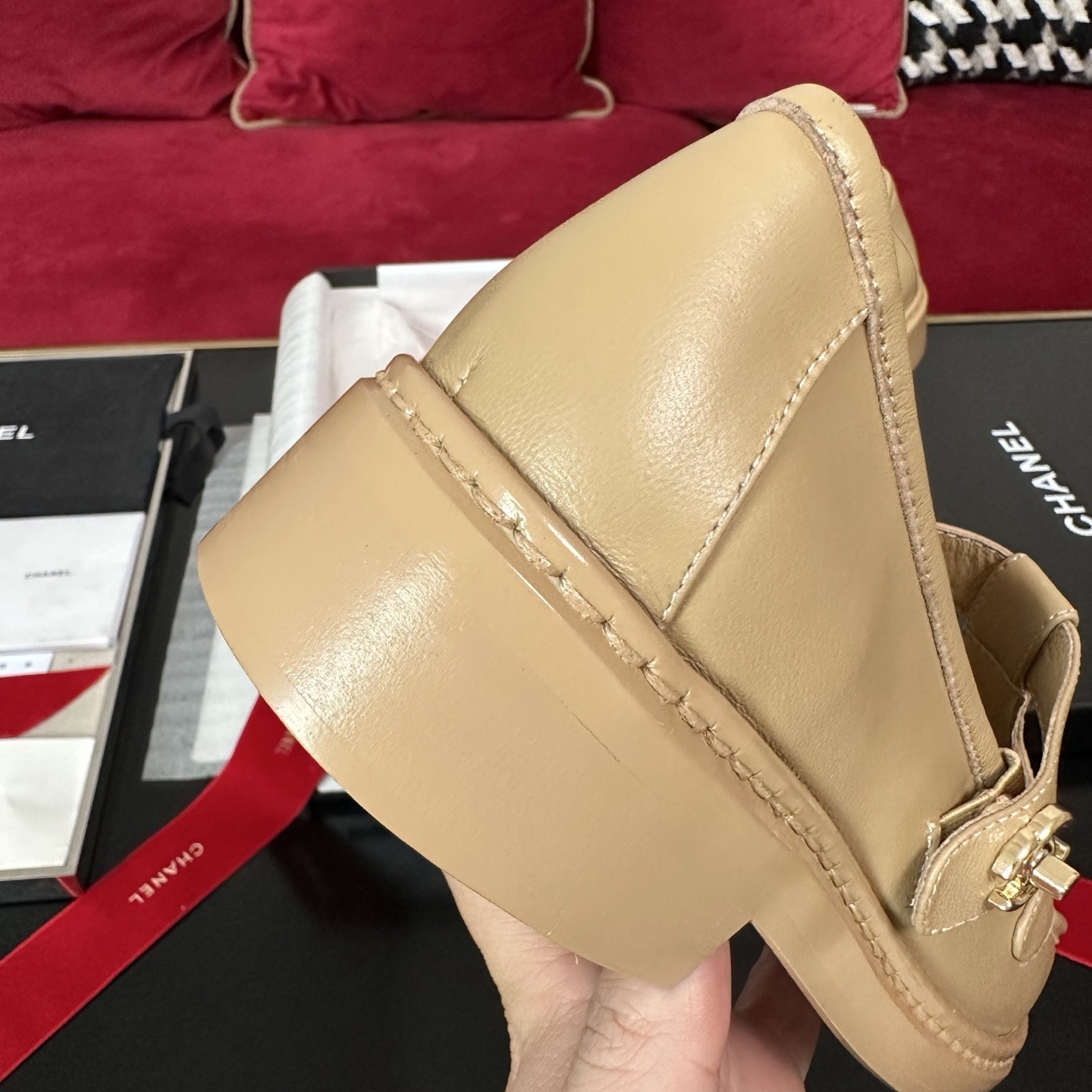 Chanel Beige Leather Mary Jane Loafers with Gold CC Logo
