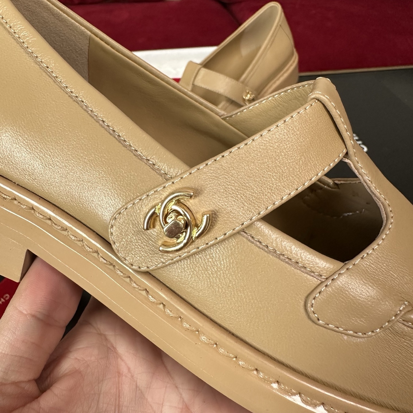 Chanel Beige Leather Mary Jane Loafers with Gold CC Logo