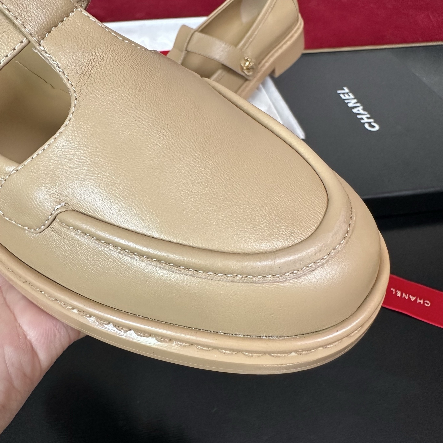 Chanel Beige Leather Mary Jane Loafers with Gold CC Logo