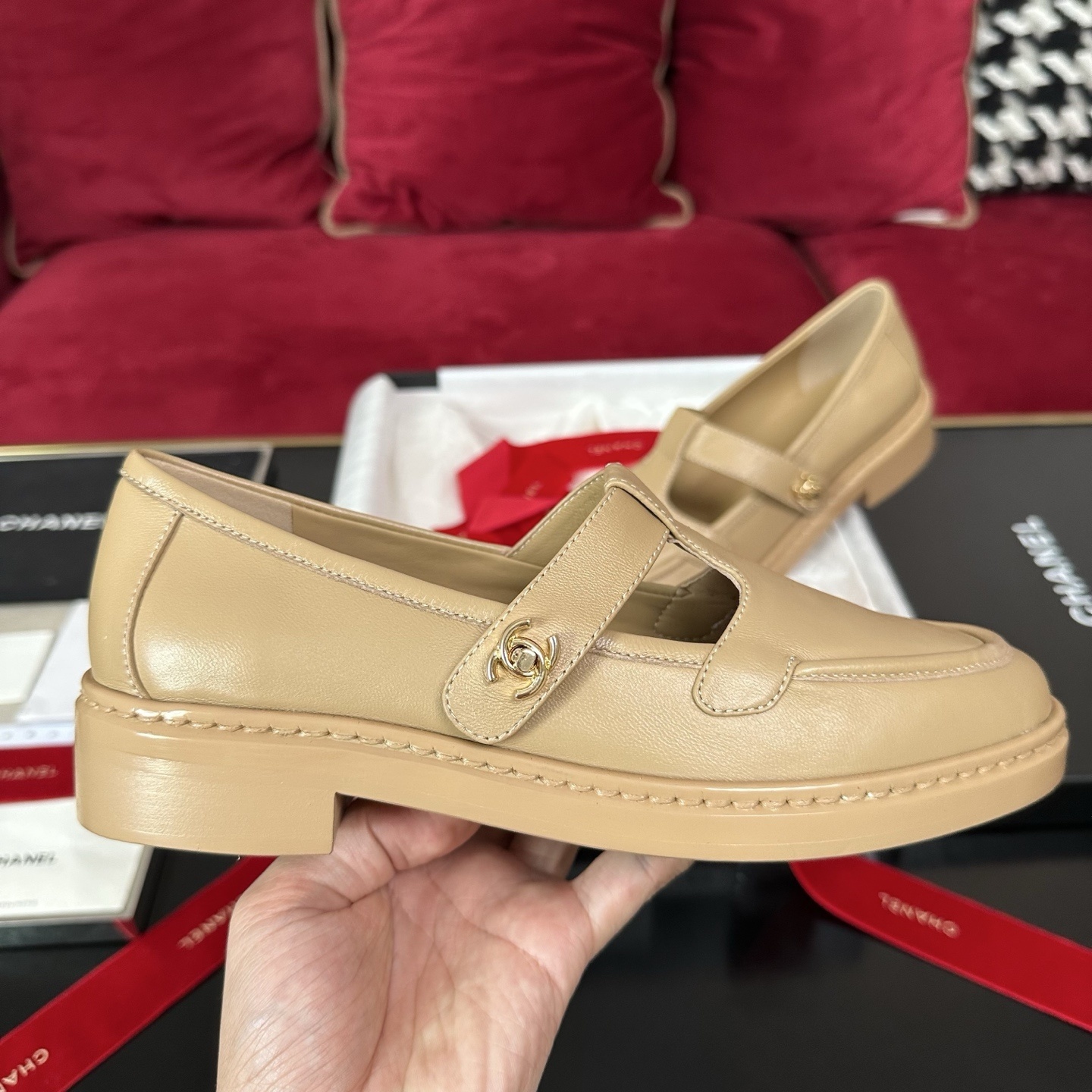 Chanel Beige Leather Mary Jane Loafers with Gold CC Logo