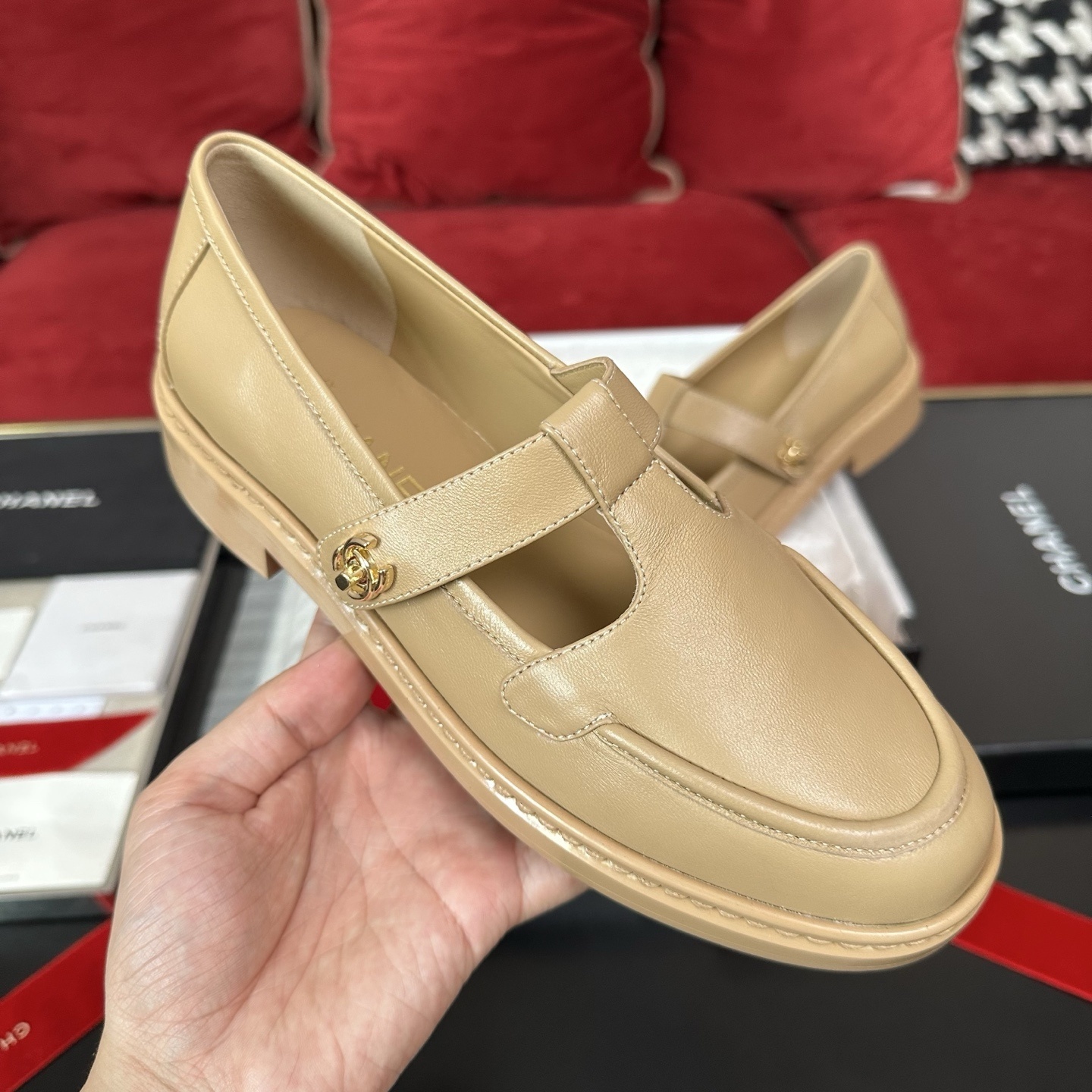 Chanel Beige Leather Mary Jane Loafers with Gold CC Logo