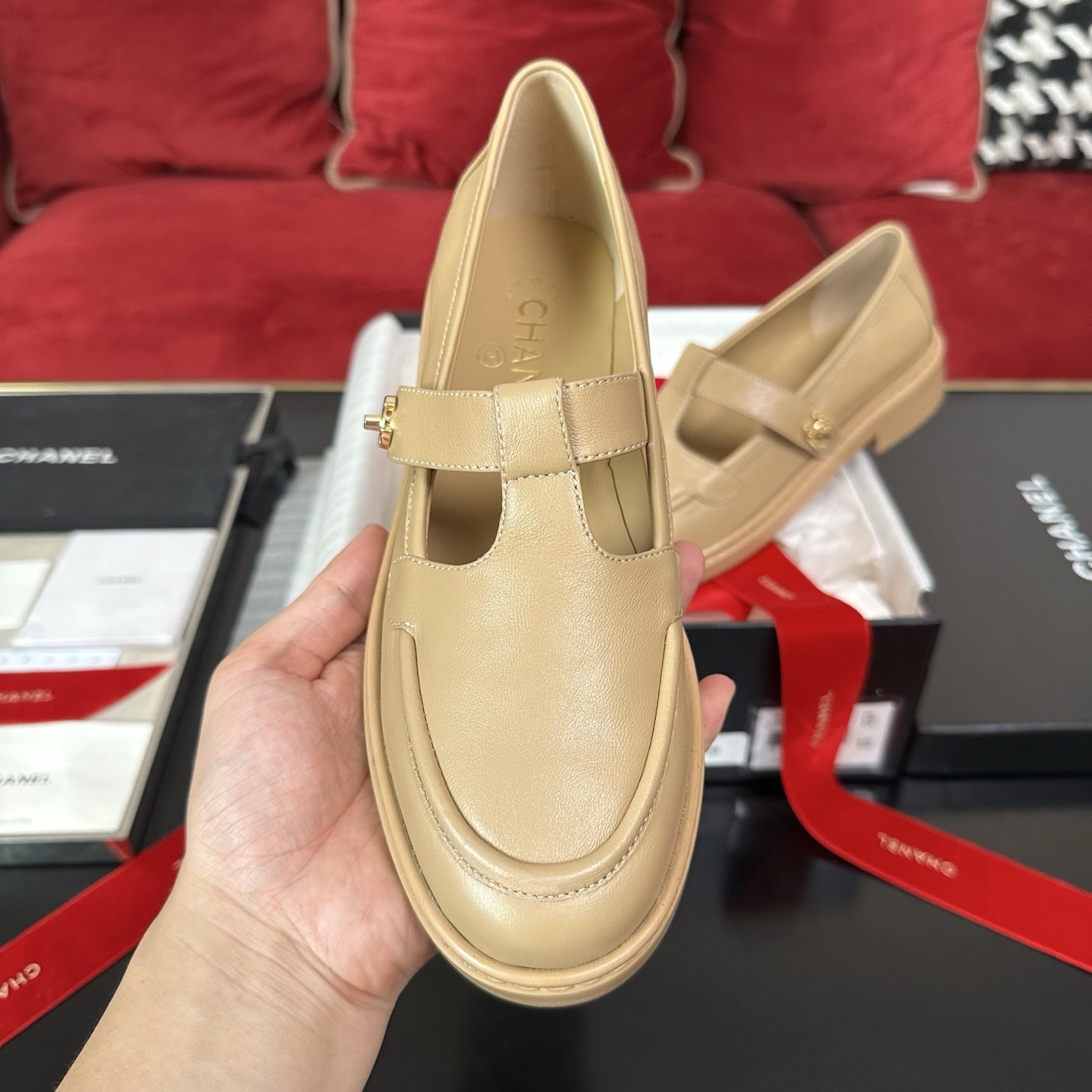 Chanel Beige Leather Mary Jane Loafers with Gold CC Logo