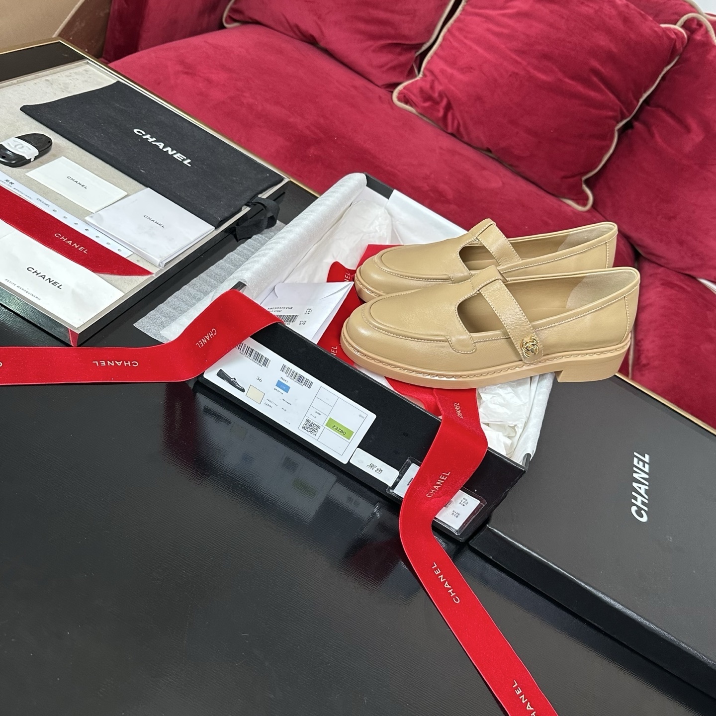 Chanel Beige Leather Mary Jane Loafers with Gold CC Logo