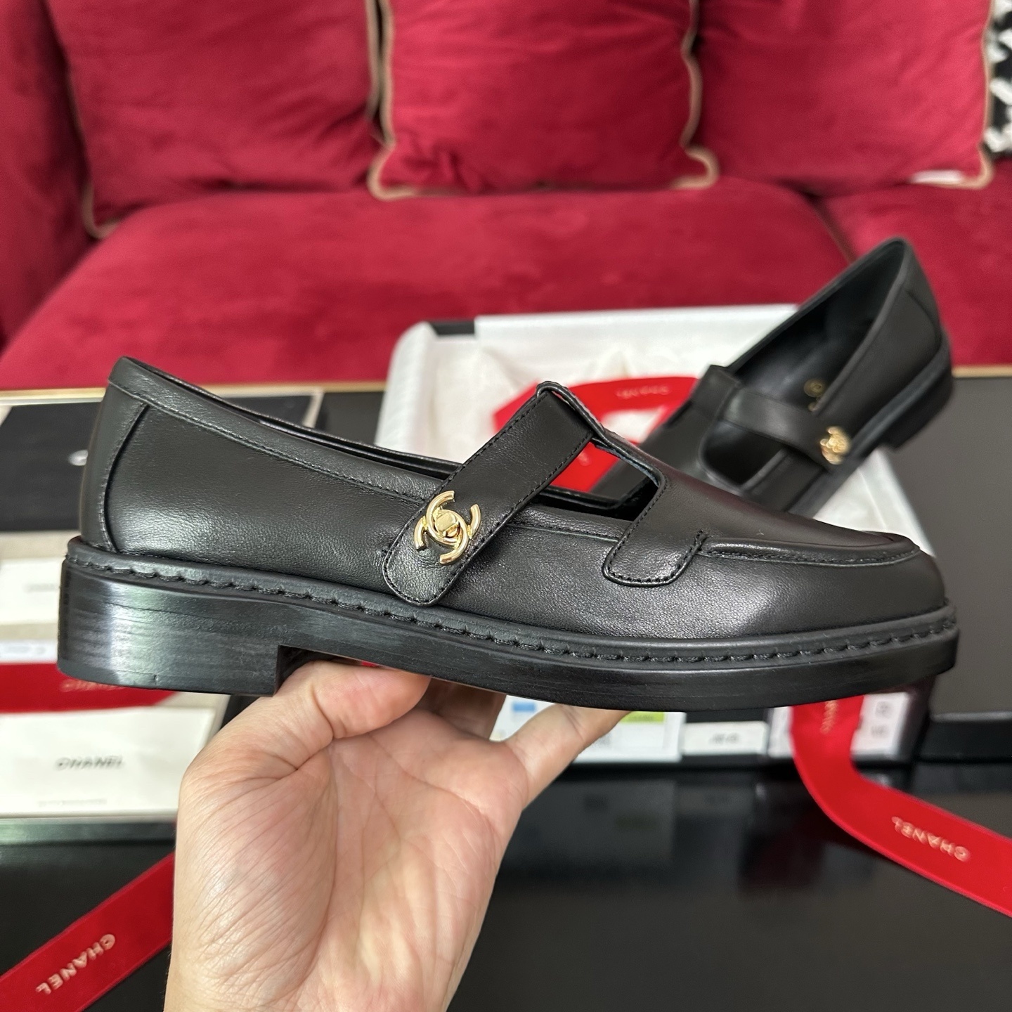 Chanel Black Leather Mary Jane Loafers with Gold CC Logo