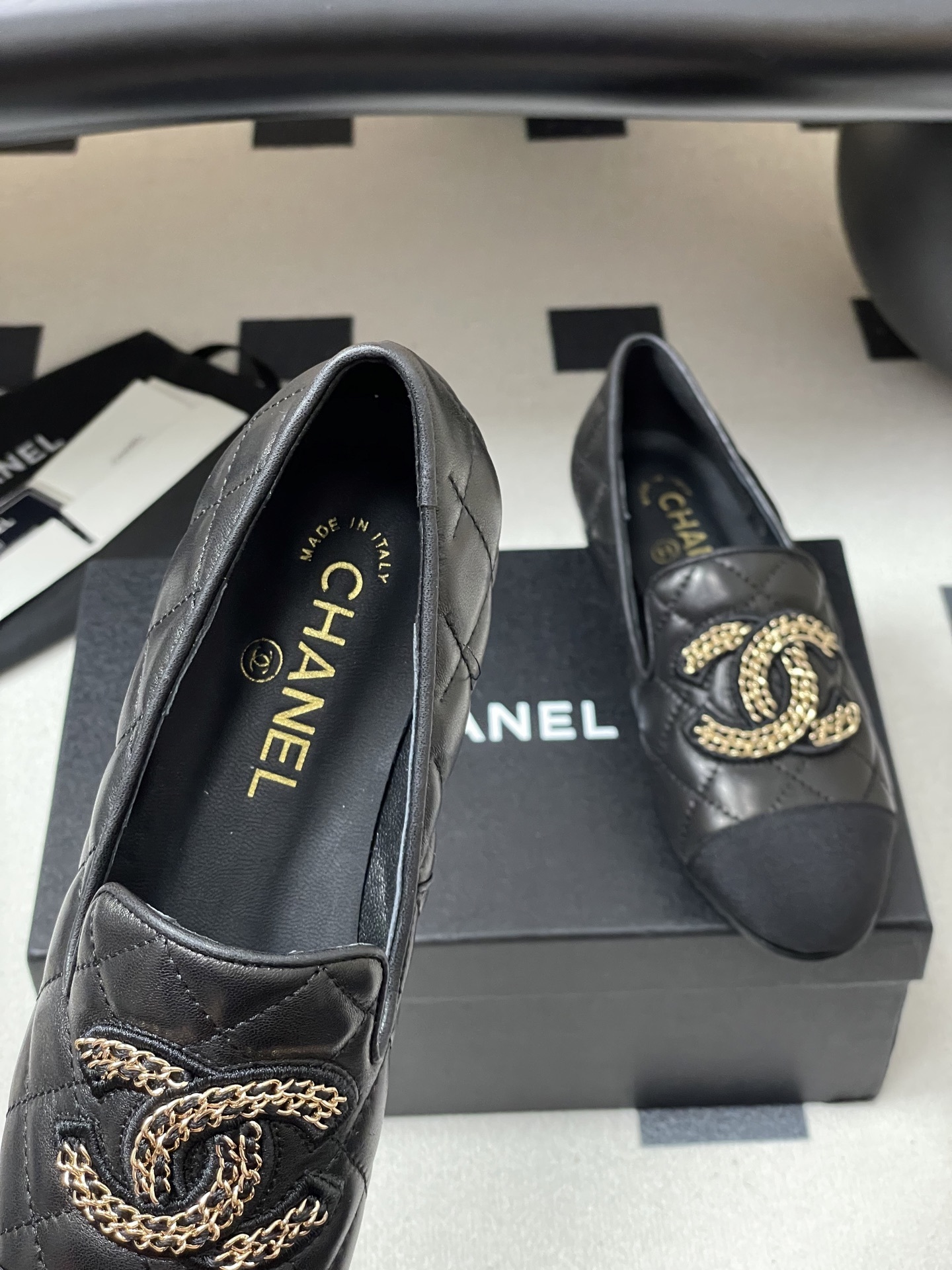 Luxury Black Quilted Leather Loafers with CC Chain Detail