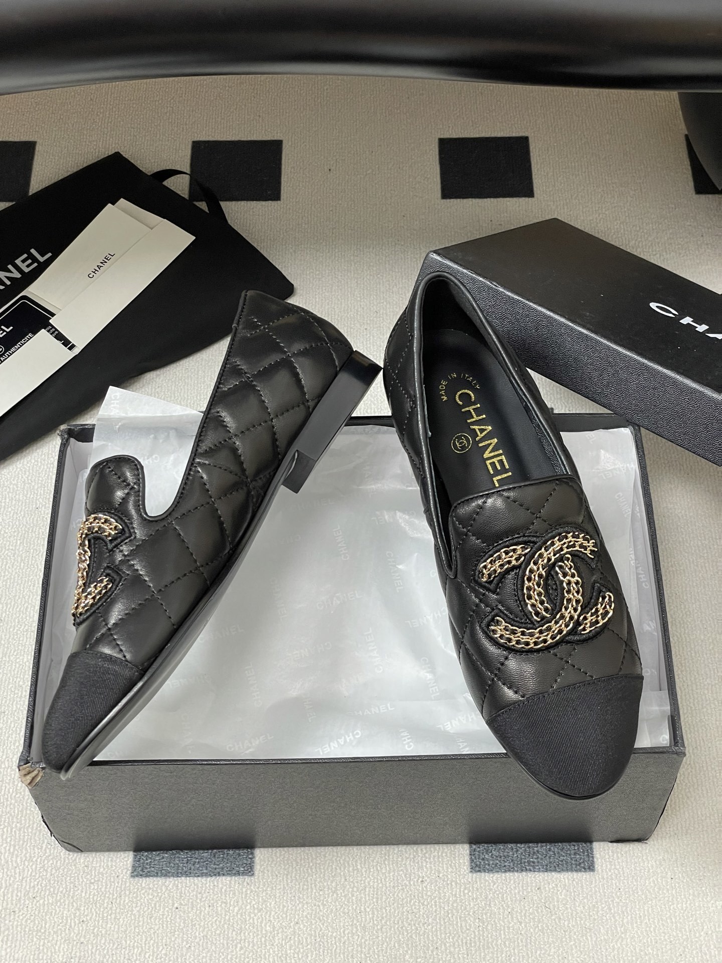 Luxury Black Quilted Leather Loafers with CC Chain Detail