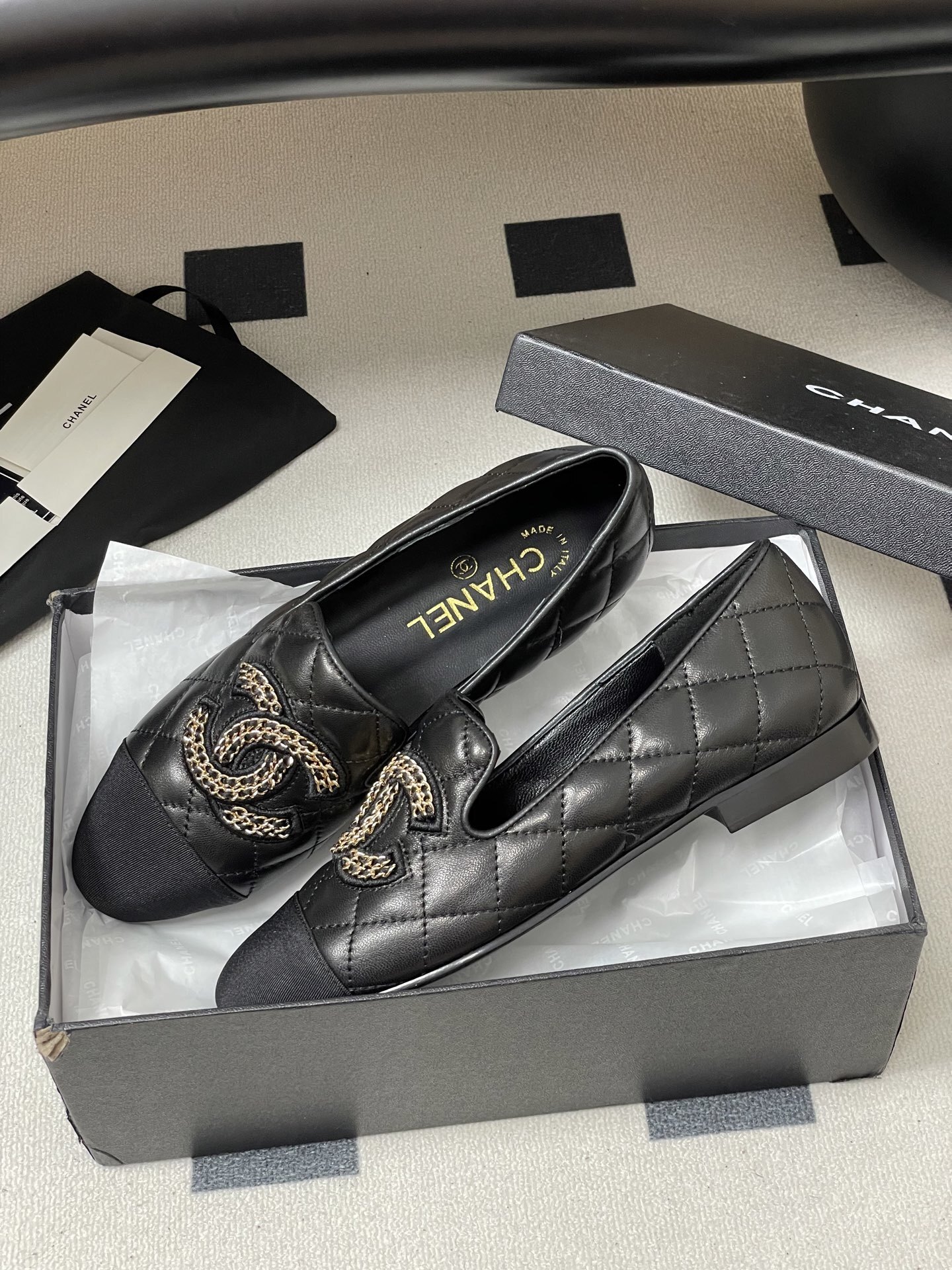 Luxury Black Quilted Leather Loafers with CC Chain Detail
