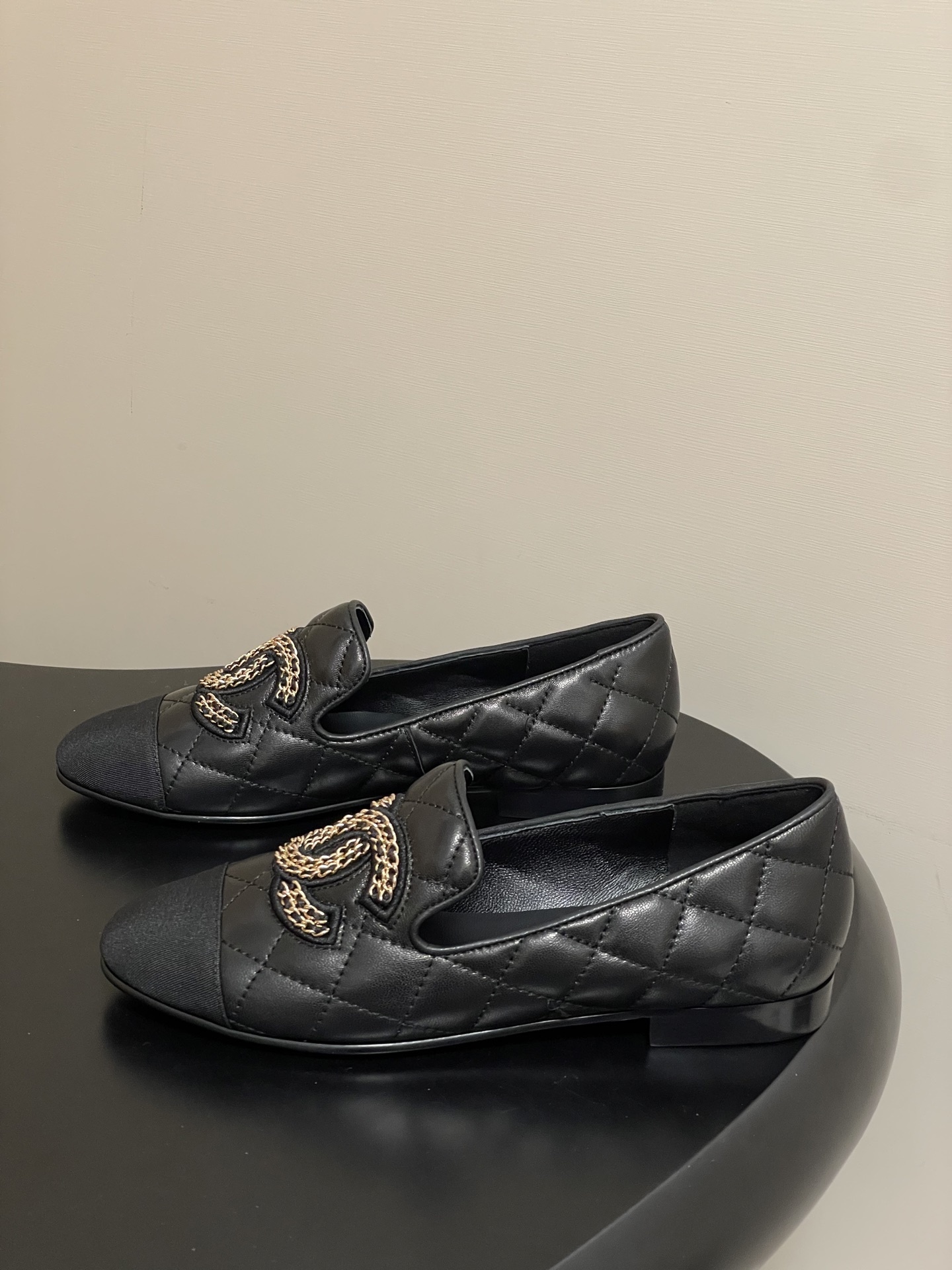 Luxury Black Quilted Leather Loafers with CC Chain Detail