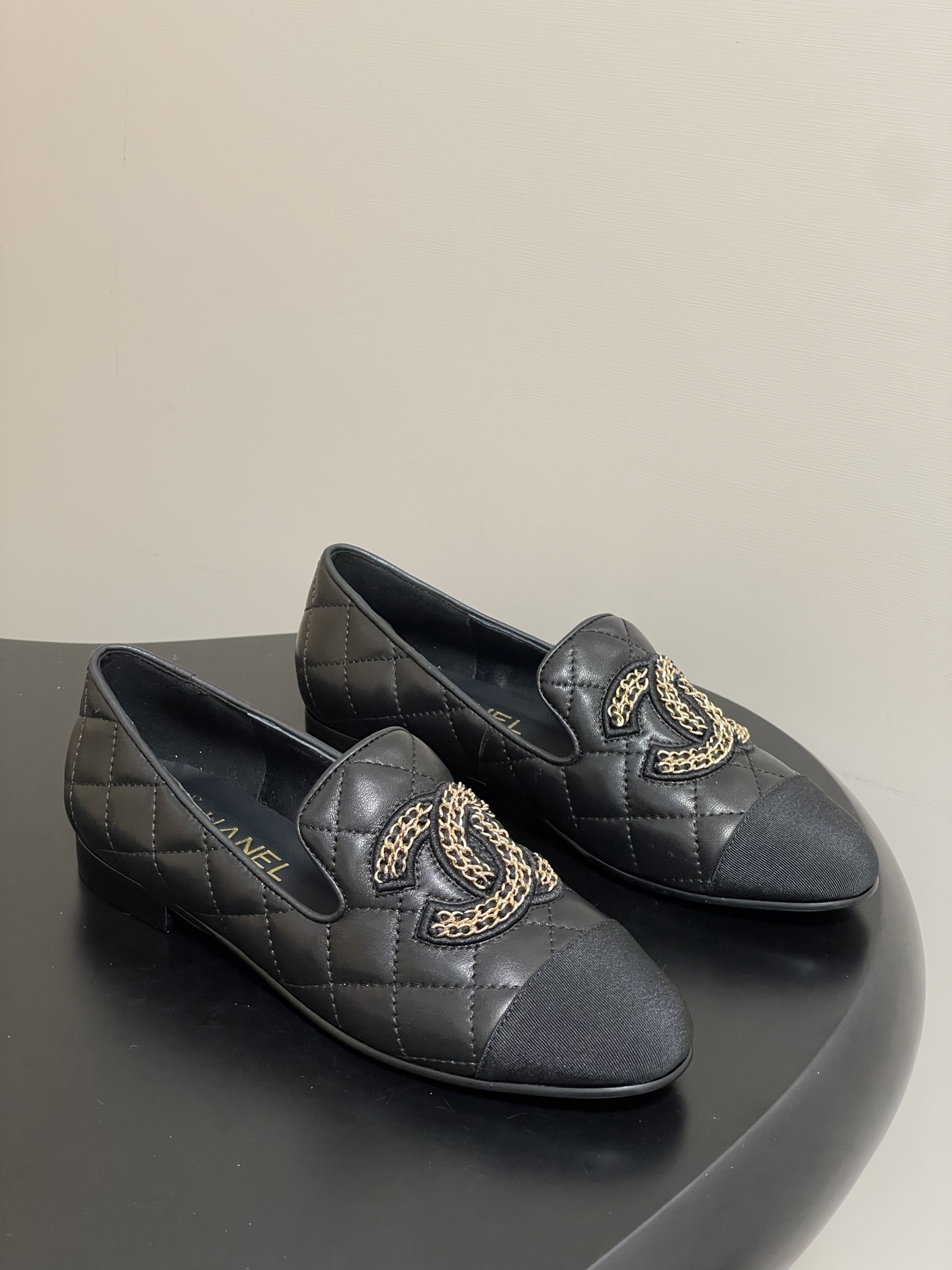 Luxury Black Quilted Leather Loafers with CC Chain Detail