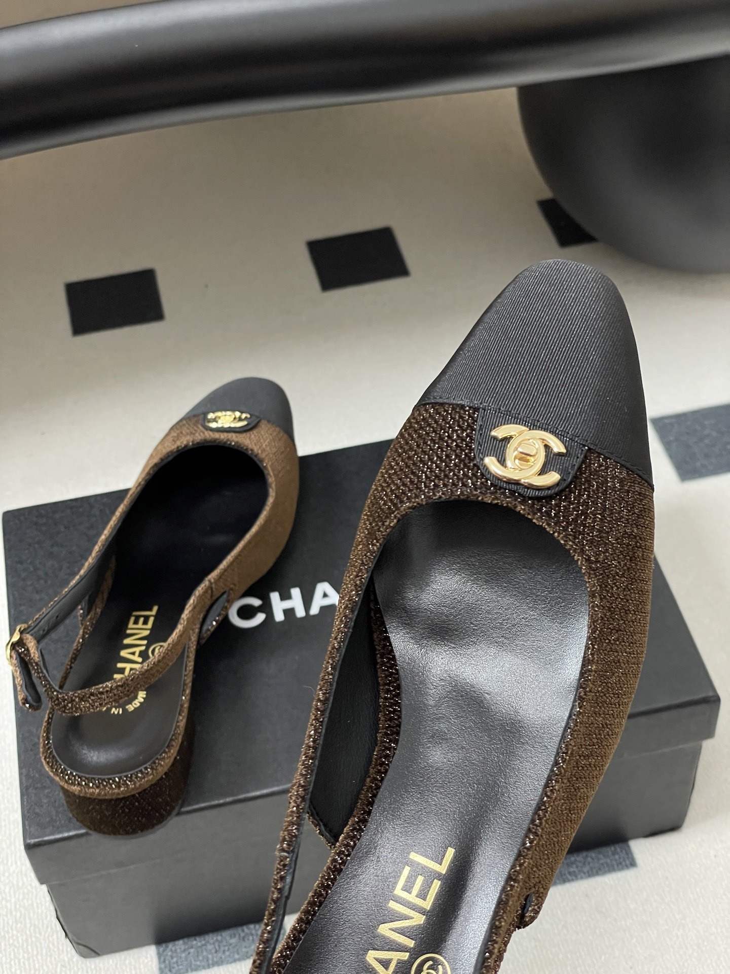 Chanel Glitter Slingback Pumps - Brown & Black Cap Toe Luxury Shoes