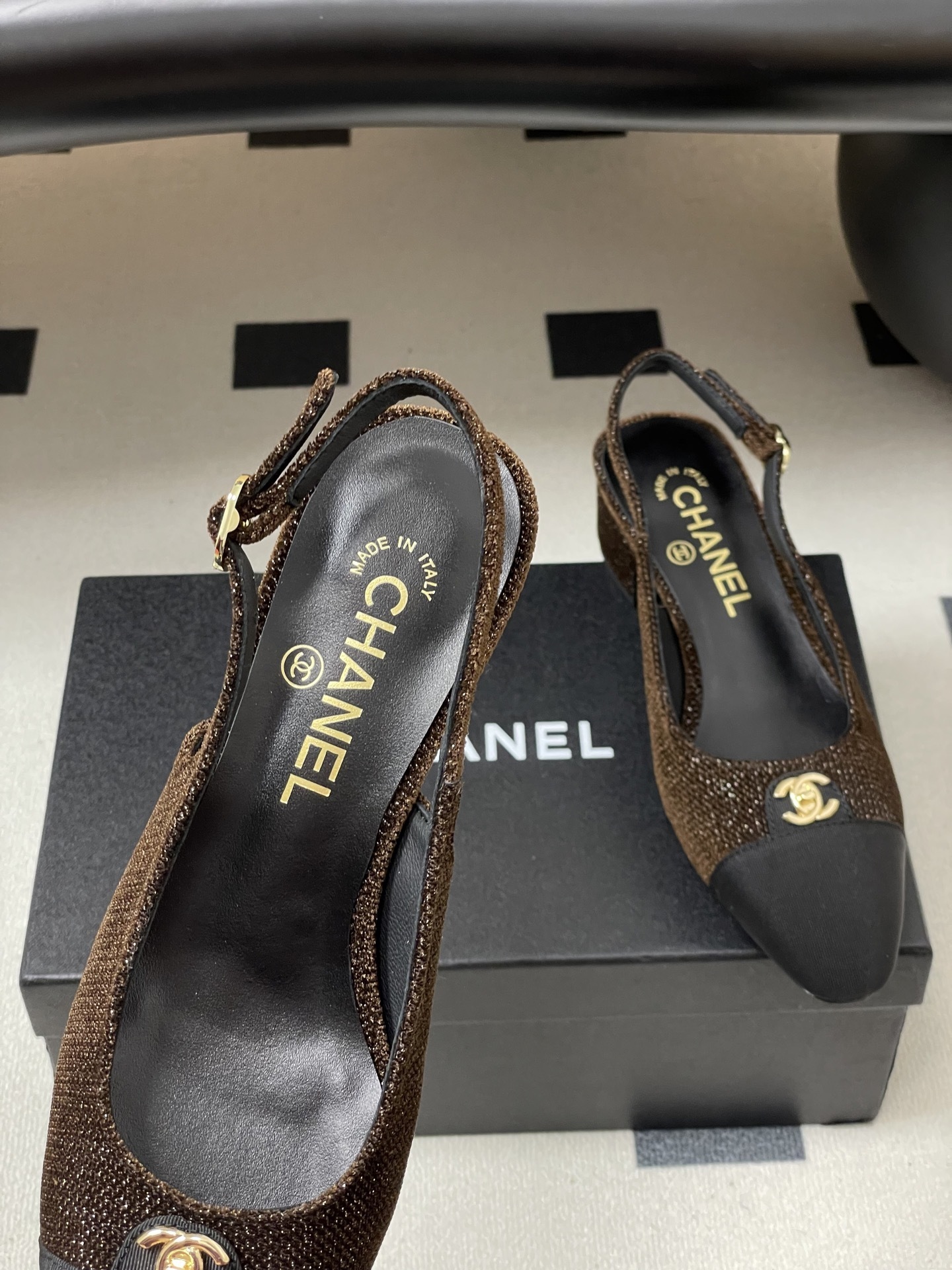 Chanel Glitter Slingback Pumps - Brown & Black Cap Toe Luxury Shoes