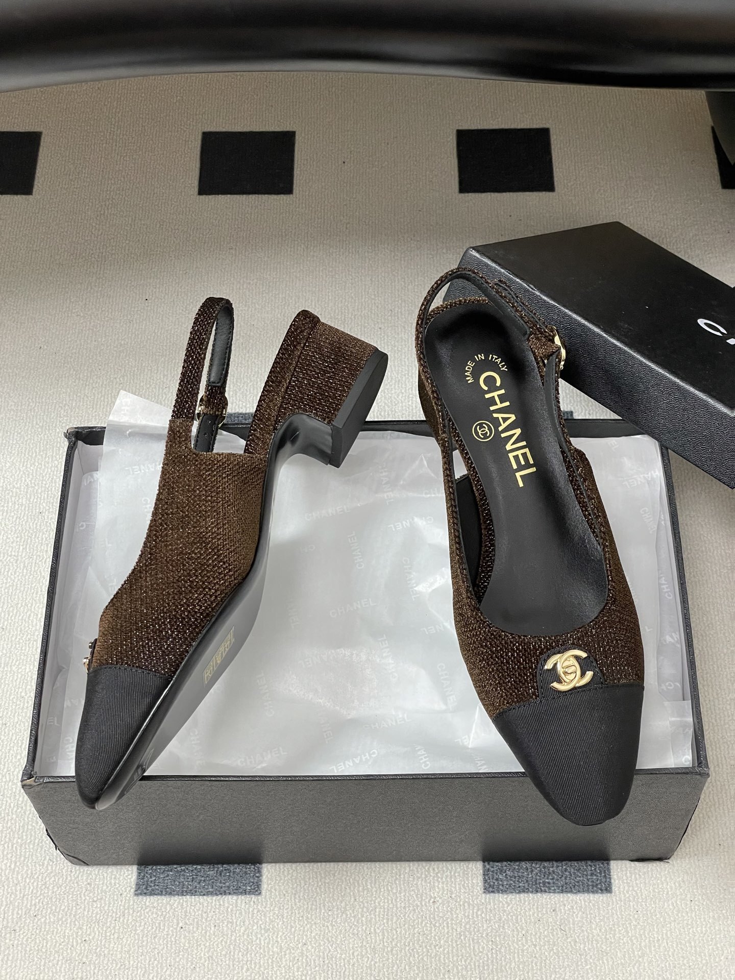 Chanel Glitter Slingback Pumps - Brown & Black Cap Toe Luxury Shoes