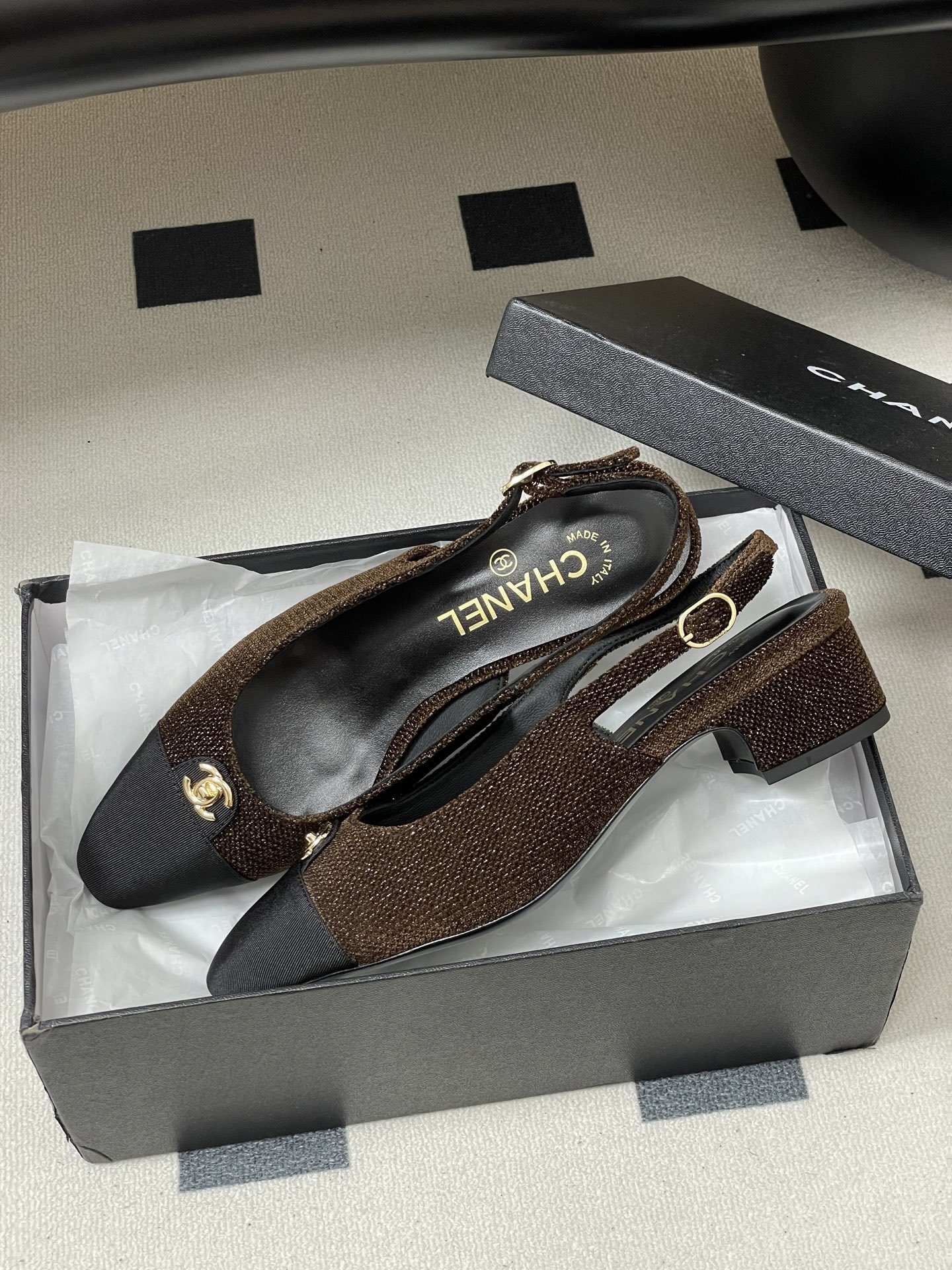 Chanel Glitter Slingback Pumps - Brown & Black Cap Toe Luxury Shoes